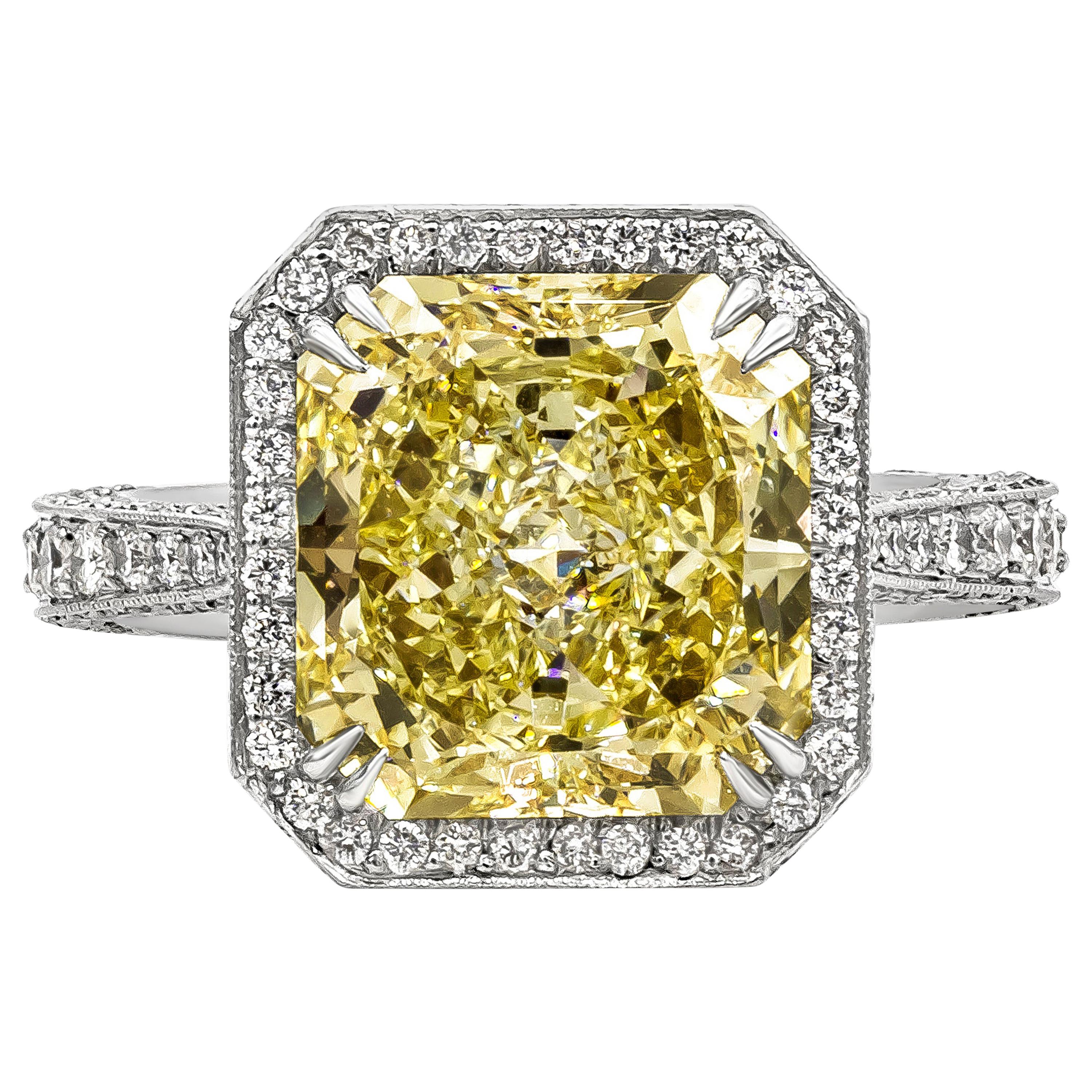 GIA Certified 5 Carat Radiant Cut Yellow Diamond Vintage Halo Engagement Ring