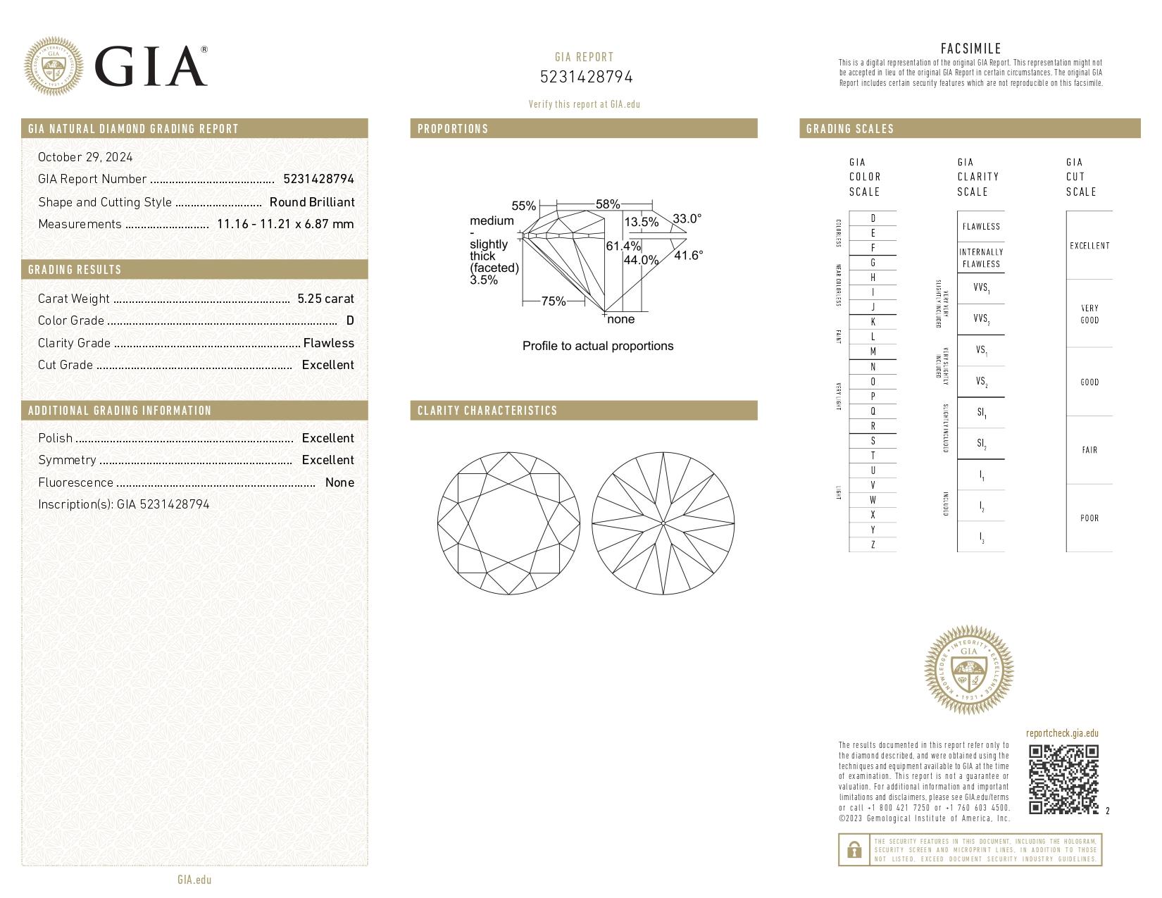 GIA-zertifizierter 5.25 Karat Diamant im Rundschliff D Farbe makelloser Reinheitsring im Zustand „Neu“ im Angebot in Chicago, IL