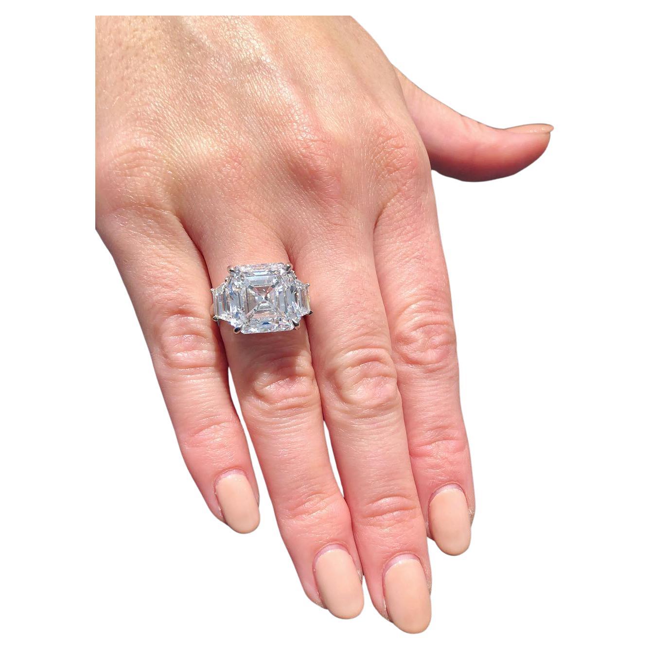 Square Cut GIA Certified 5 Carat Sq Emerald Cut Diamond with Trapezoid Diamonds on side For Sale