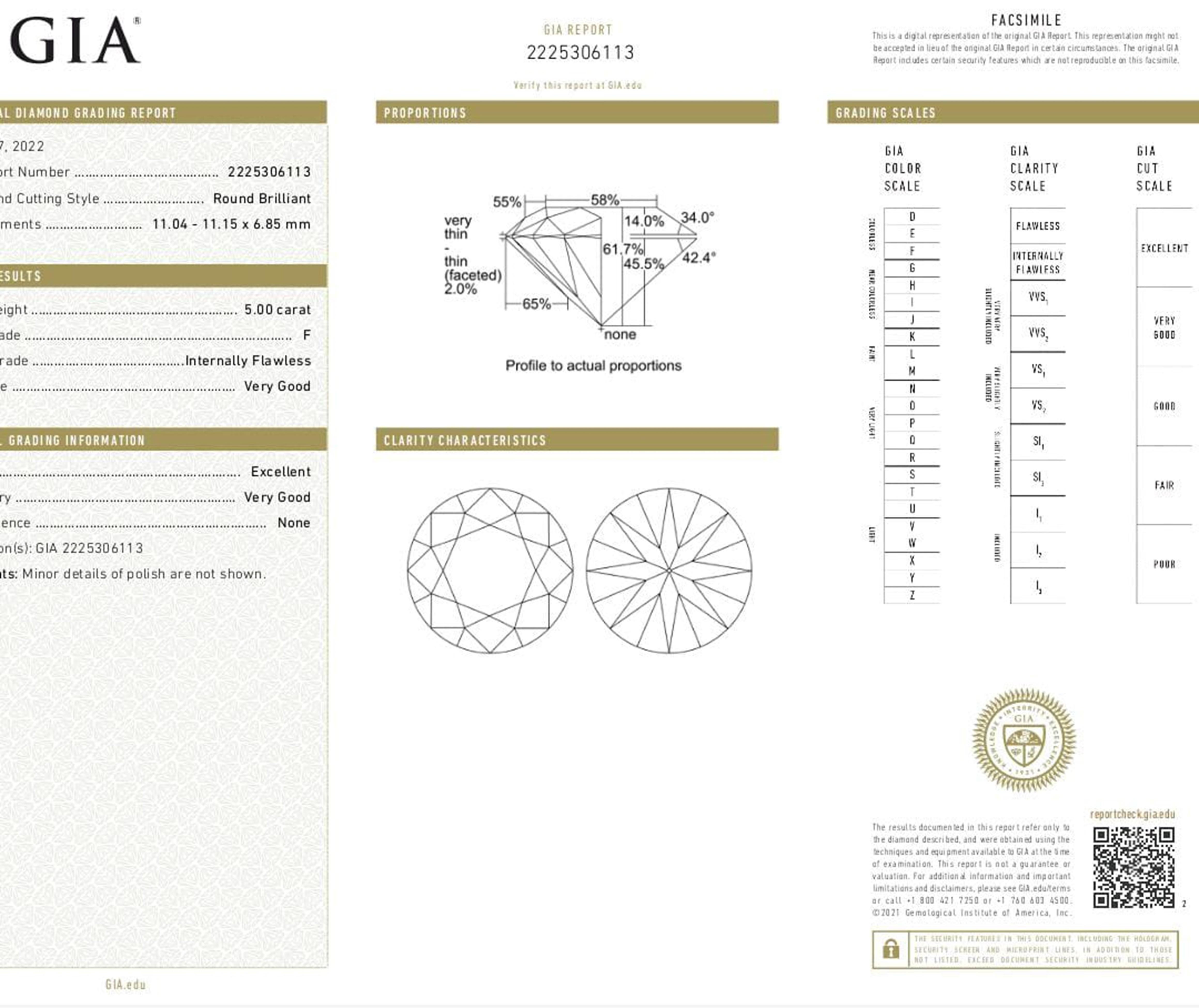 Women's or Men's GIA Certified 5 Ct. Round Cut Diamond Engagement Platinum Ring FLAWLESS For Sale