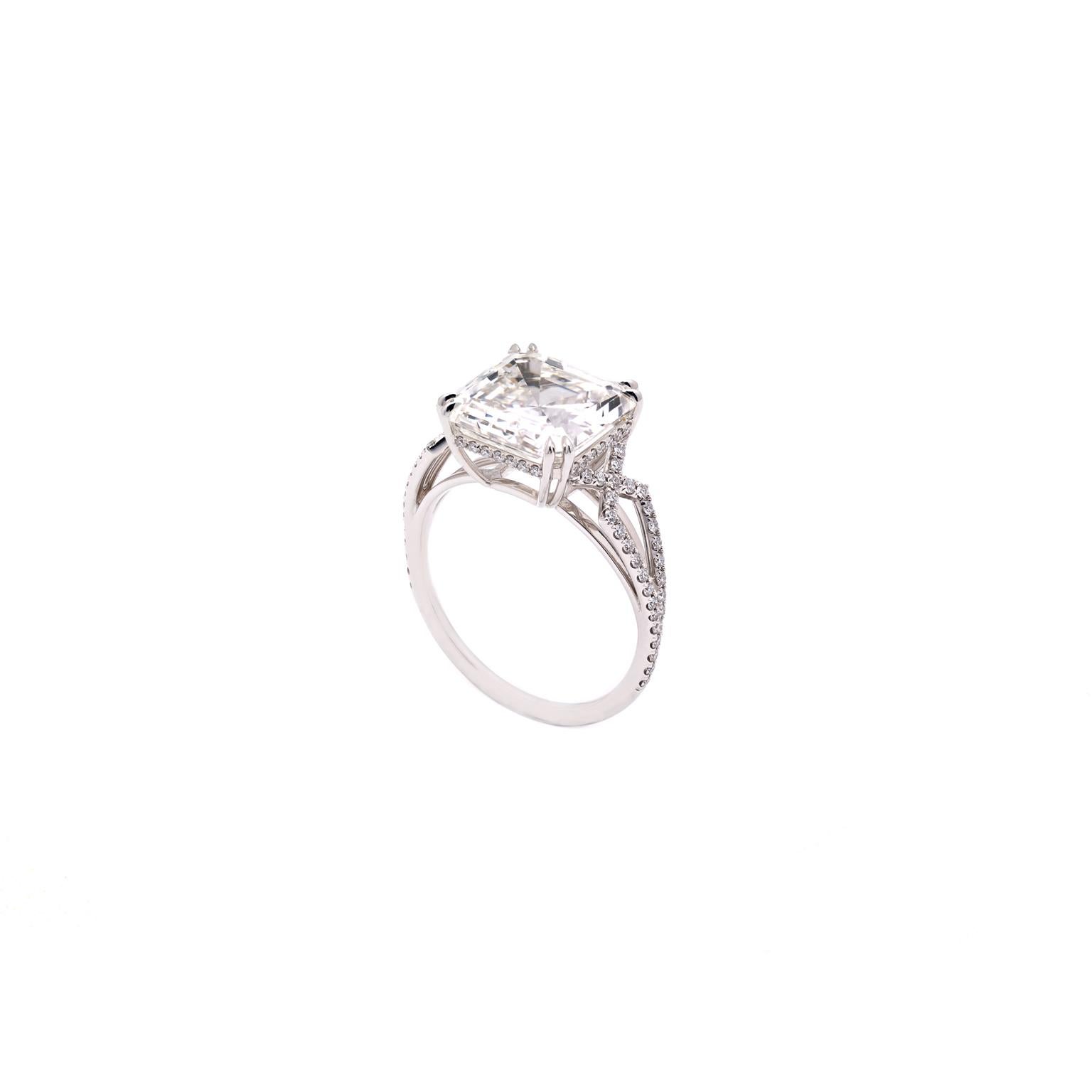 Part of The One Collection wich gathers unique creations, the design of the ring is inspired by the gothic cathedrals. Hand crafted mounts a GIA certified 5 ct. white diamond, asscher cut, G color, VS1. On the ring are set 0.31 ct of white F color