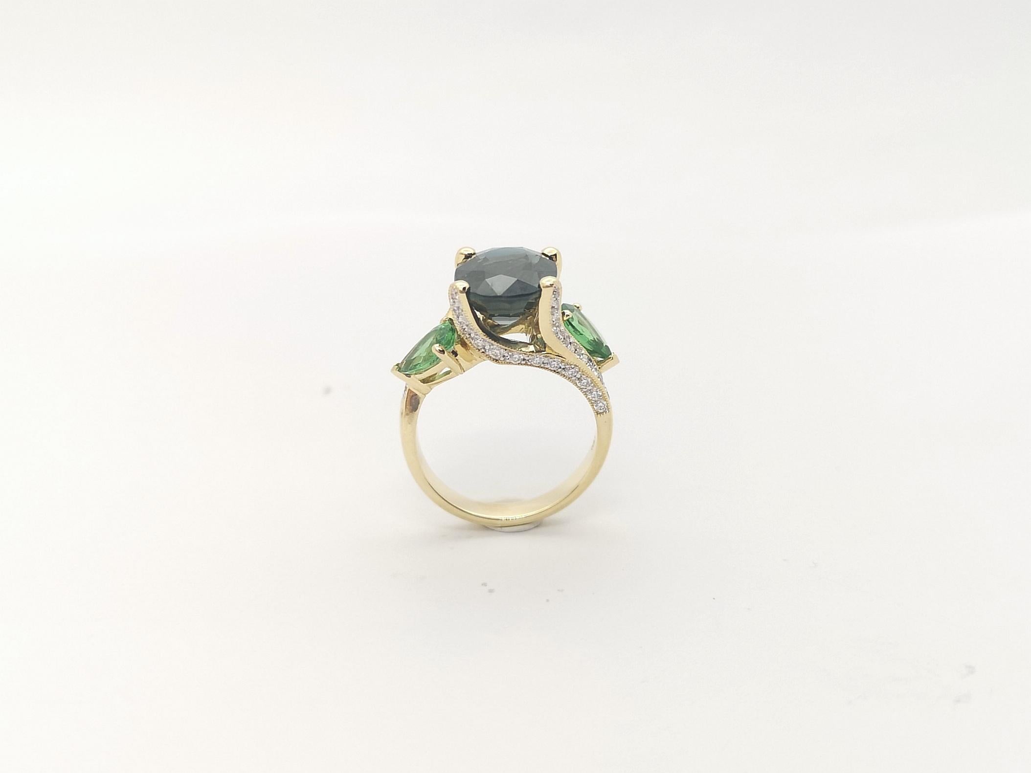 GIA Certified 5cts Blue Sapphire, Tsavorite and Diamond Ring in 18k White Gold For Sale 8