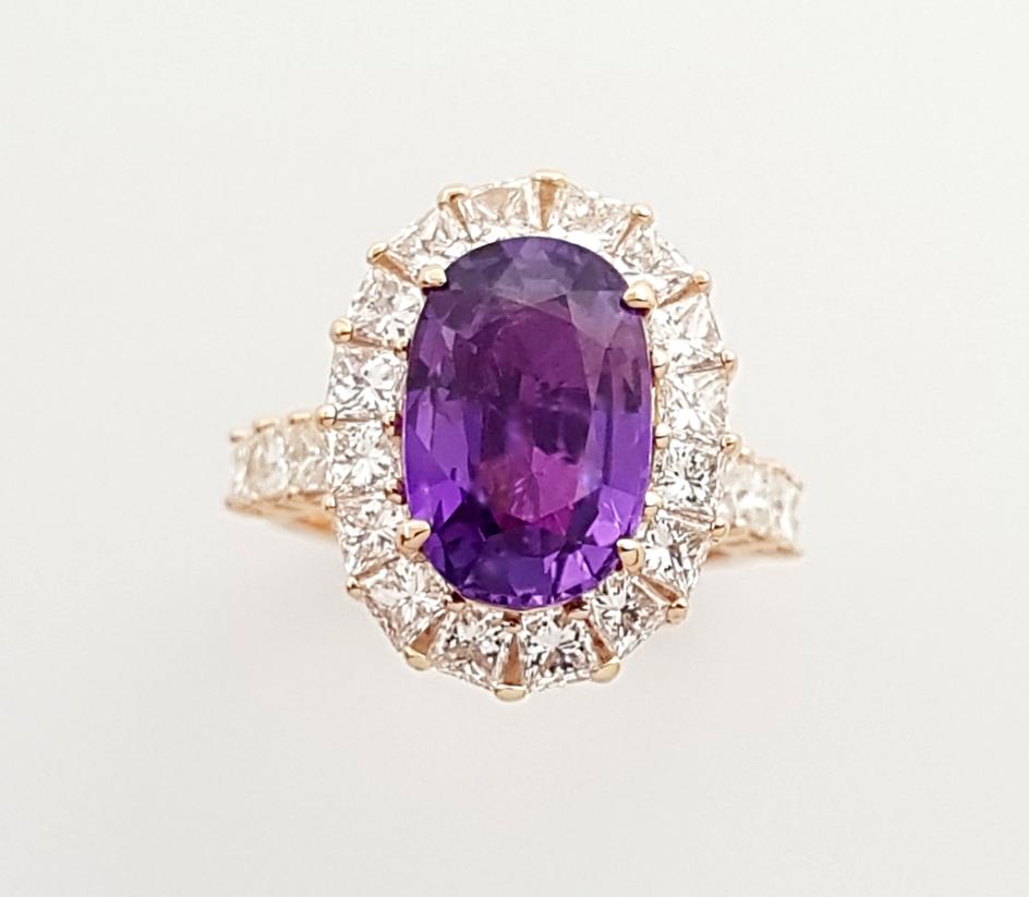 GIA Certified 5cts Purple Sapphire with Diamond Ring Set in 18k Rose Gold For Sale 4