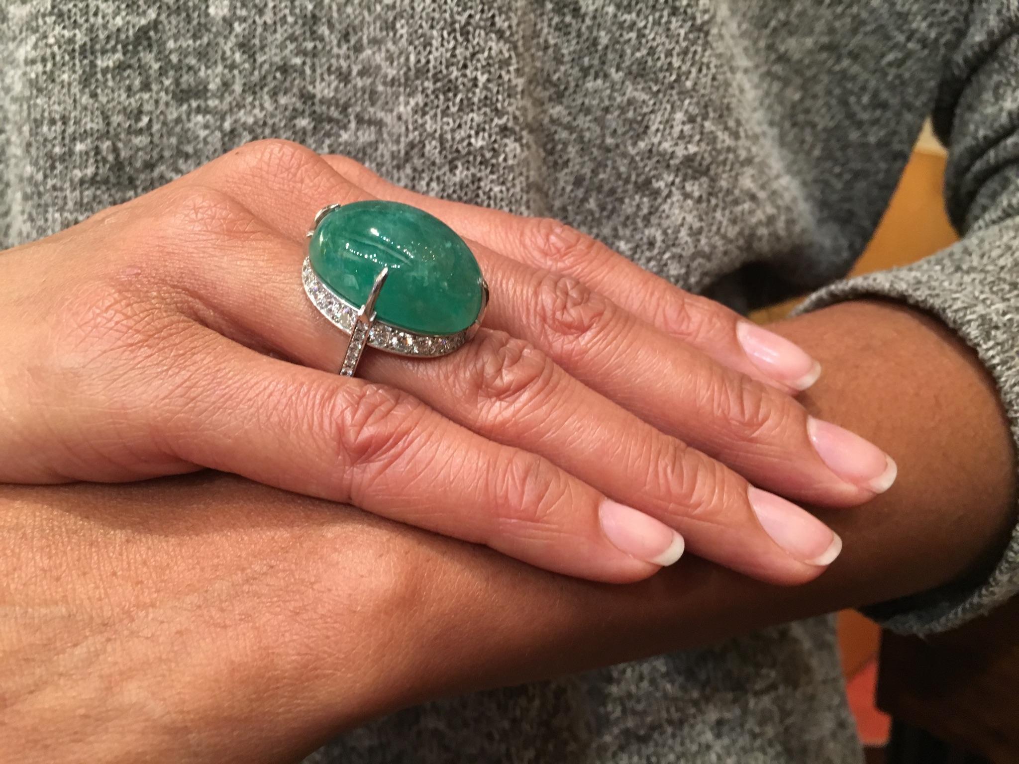 Oval Cut GIA Certified 50 Carat Colombian Emerald Diamond Platinum One of a Kind Ring For Sale