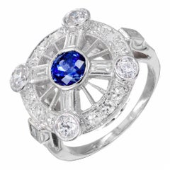 GIA Certified .50 Carat Sapphire Diamond Halo Midcentury Platinum Ring