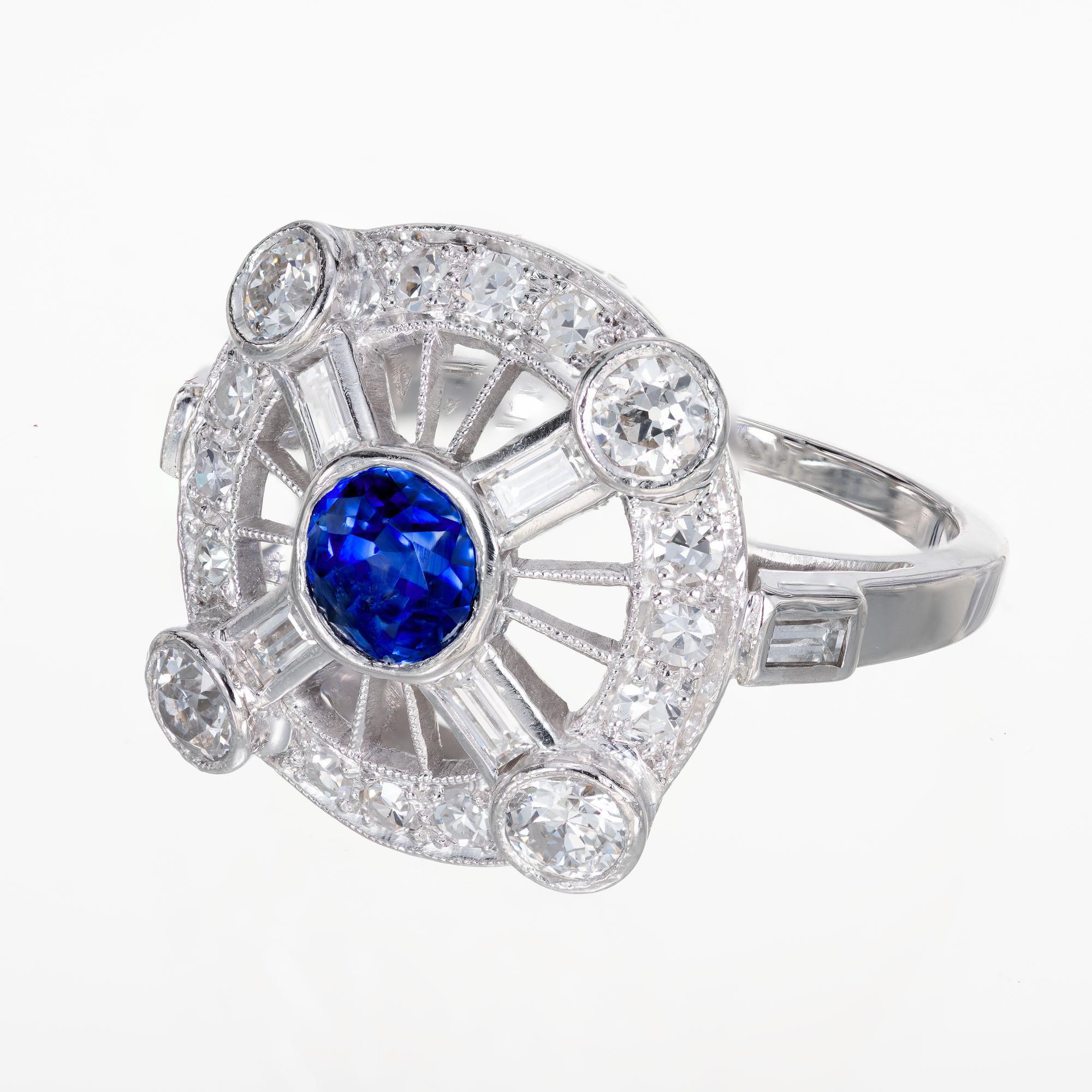 GIA Certified .50 Carat Sapphire Diamond Halo Midcentury Platinum Ring In Good Condition For Sale In Stamford, CT