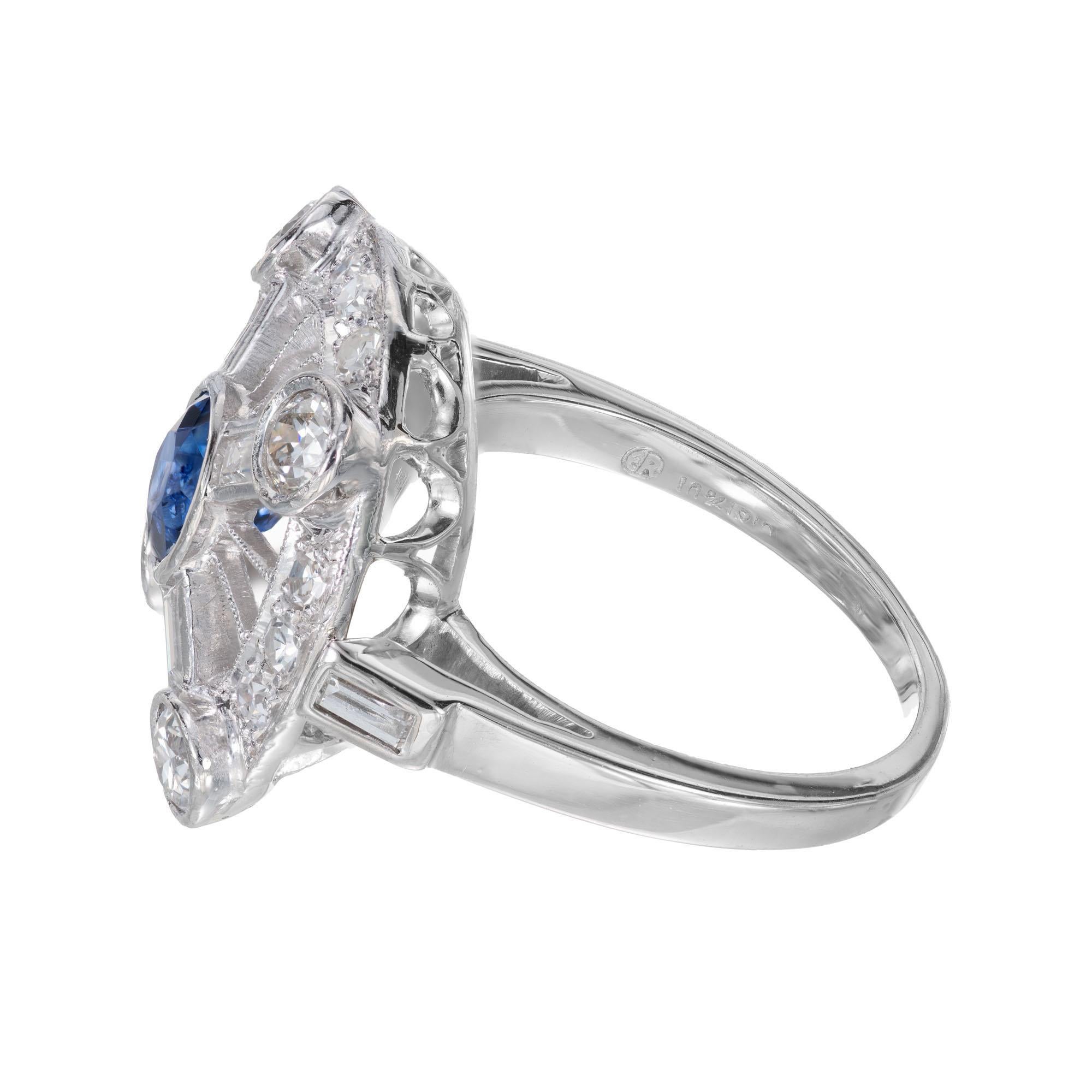 Women's GIA Certified .50 Carat Sapphire Diamond Halo Midcentury Platinum Ring For Sale