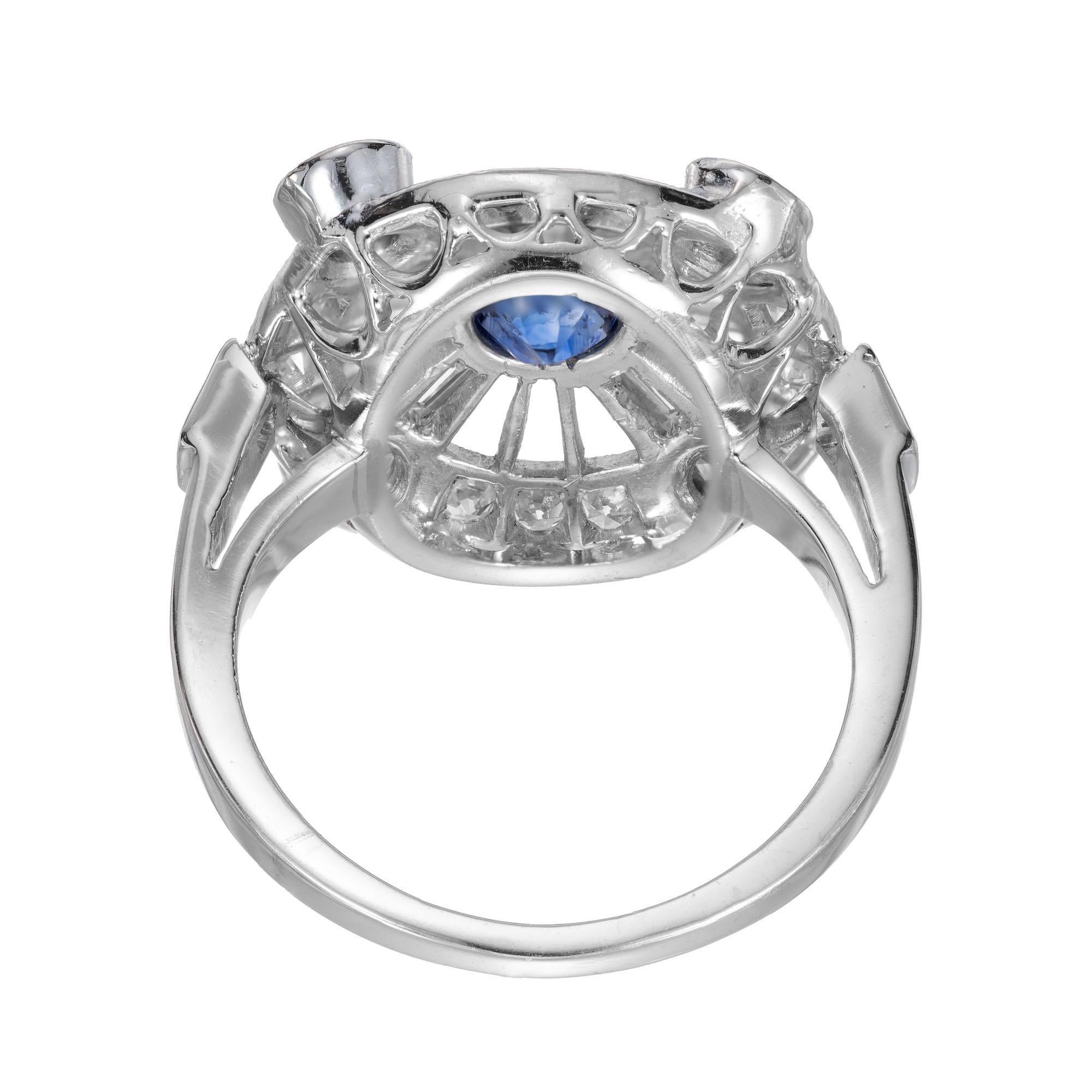 GIA Certified .50 Carat Sapphire Diamond Halo Midcentury Platinum Ring For Sale 1