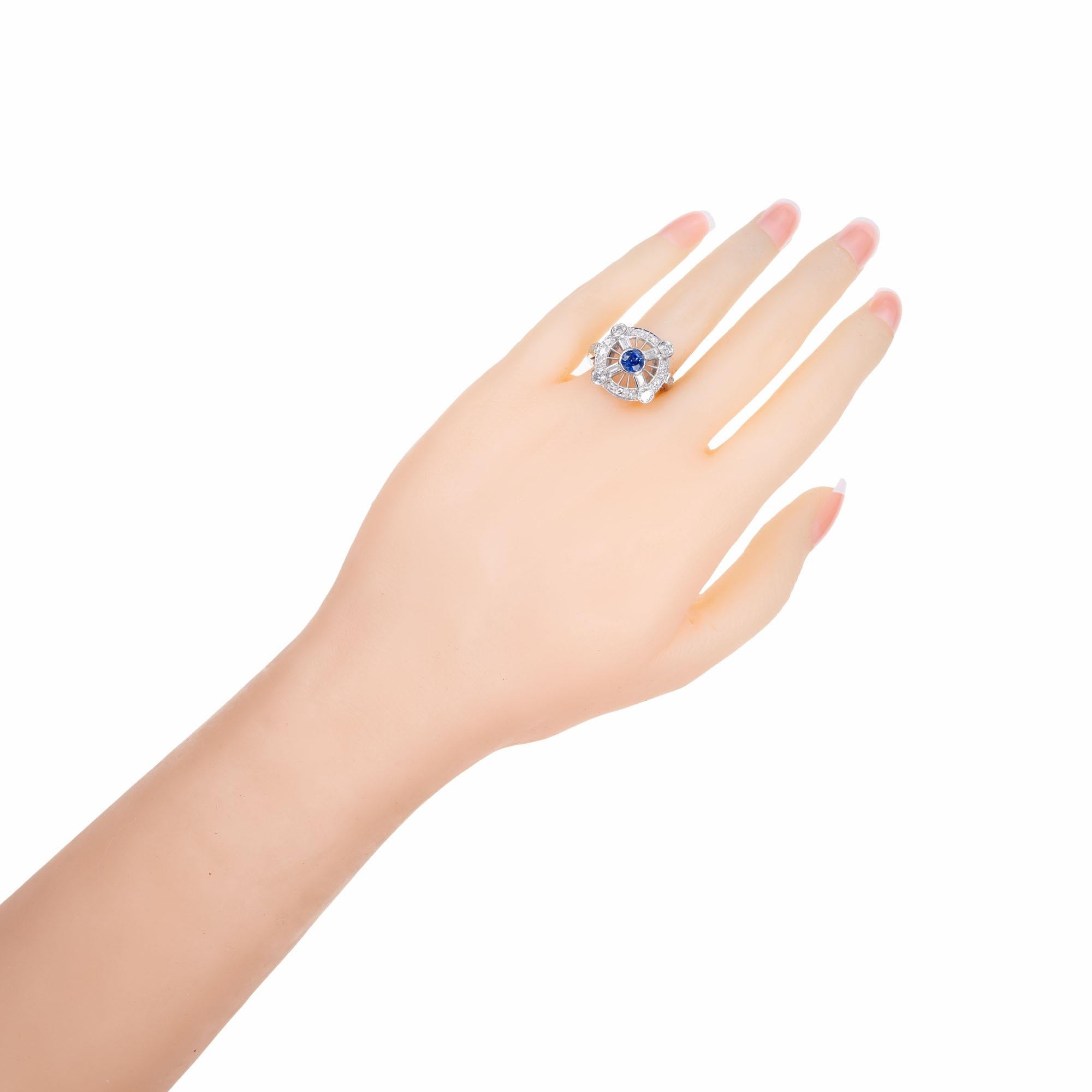 GIA Certified .50 Carat Sapphire Diamond Halo Midcentury Platinum Ring For Sale 3