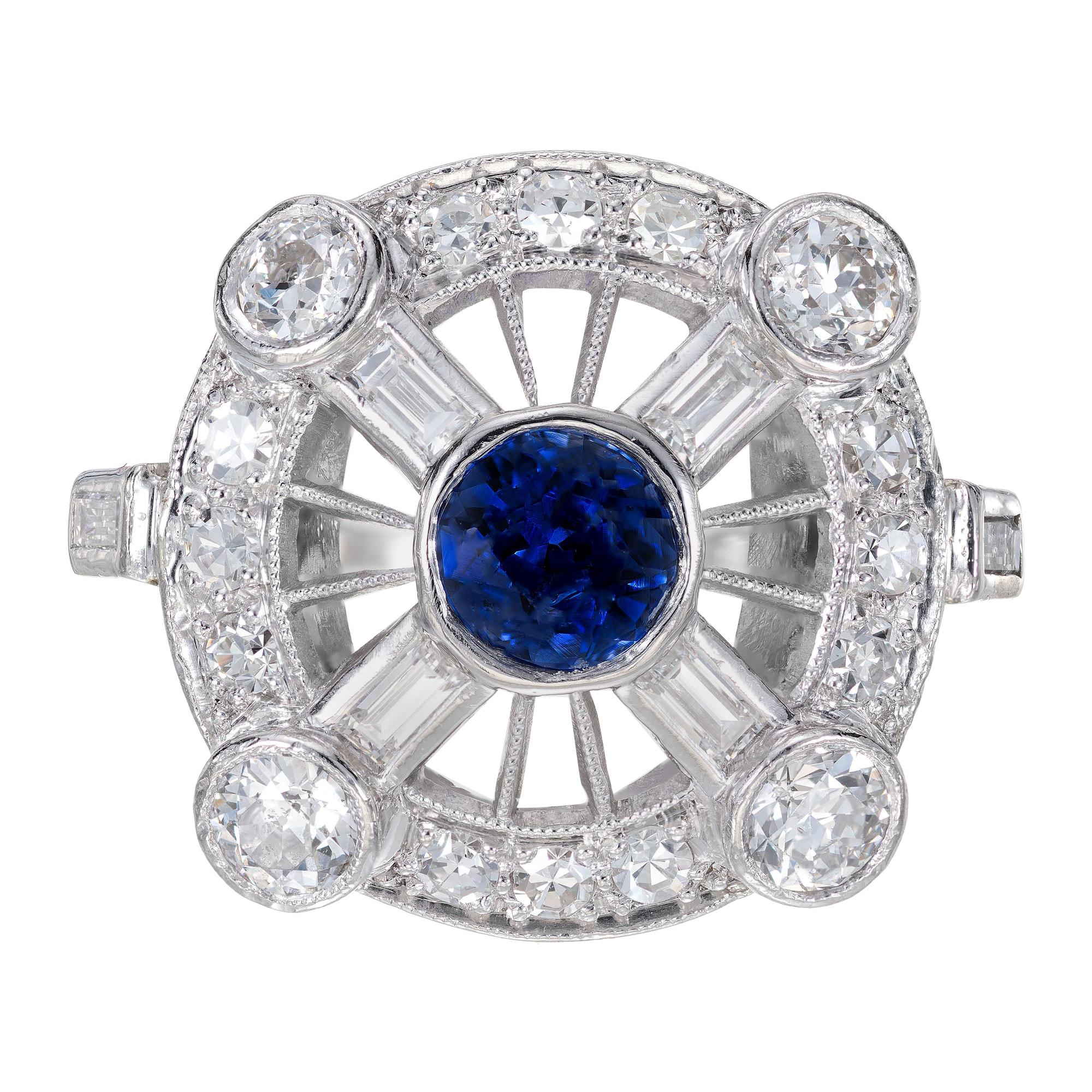 GIA Certified .50 Carat Sapphire Diamond Halo Midcentury Platinum Ring For Sale