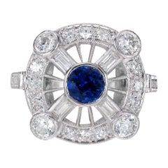 Vintage GIA Certified .50 Carat Sapphire Diamond Halo Midcentury Platinum Ring