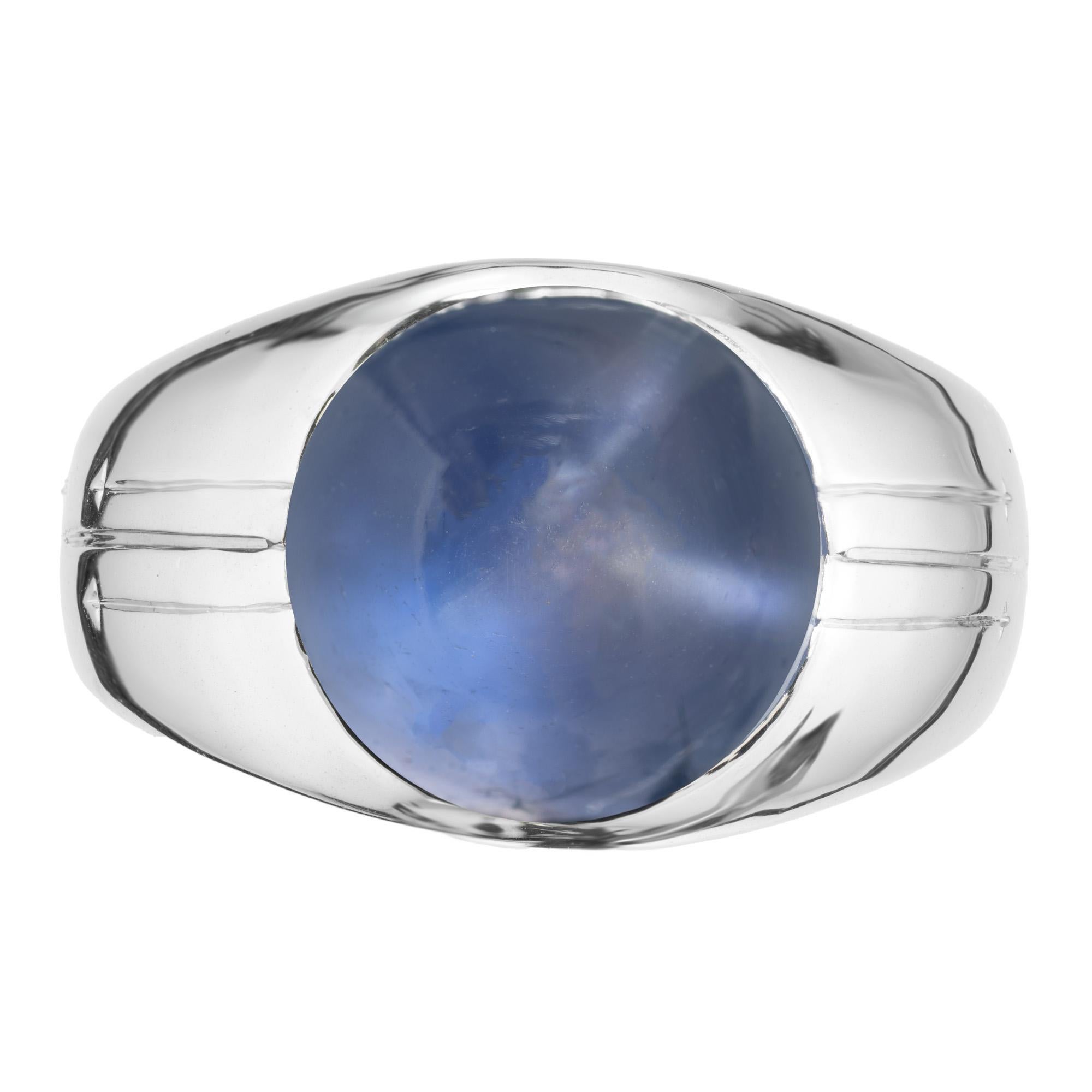Immerse yourself in the timeless elegance of our Art Deco 1940's GIA certified 5.00ct  cabochon star sapphire white gold men's dome Ring. The cabochon cut round sapphire is certified by the GIA as natural, no heat and no enhancements. Nestled in