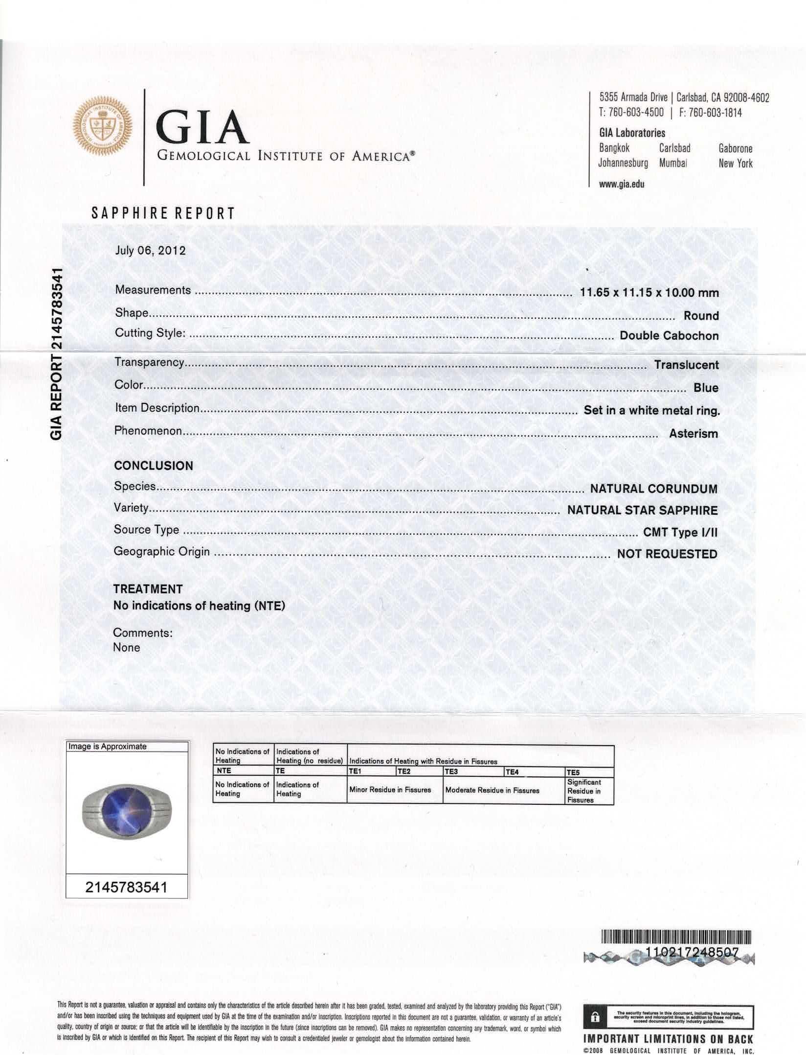 Women's GIA Certified 5.00 Carat Cabochon Star Sapphire White Gold Men's Dome Ring For Sale
