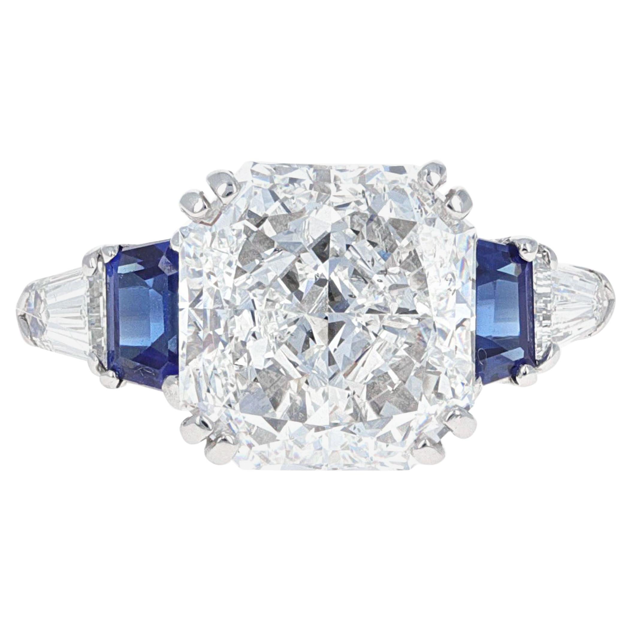 GIA Certified, 5.00 Carat Radiant Cut Diamond and Sapphire Engagement Ring