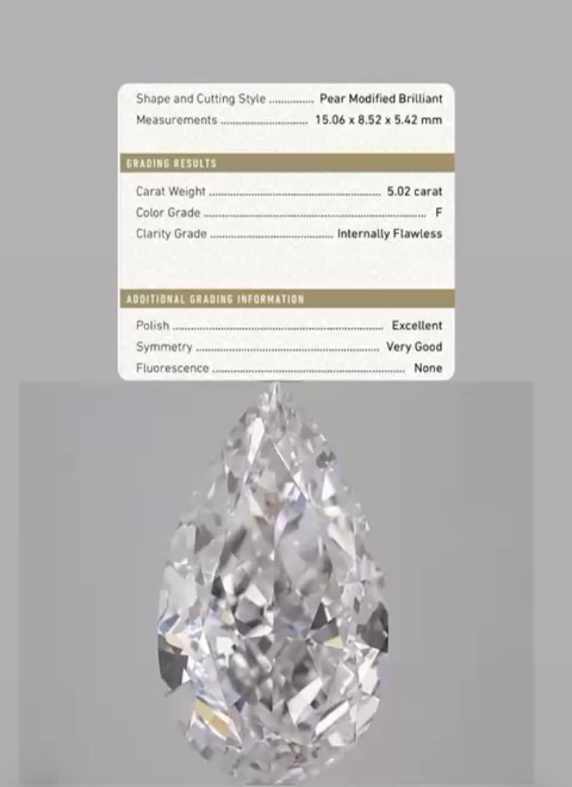 Bague en diamants certifiés GIA de 5,00 carats de couleur F et de pureté irréprochable en forme de poire Unisexe en vente