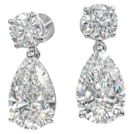 GIA Certified 5.00 Carats Pear & Round Brillant Diamonds 14K Gold Earrings