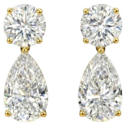 GIA Certified 5.00 Carats Pear & Round Shape Diamonds 18K Gold Earrings