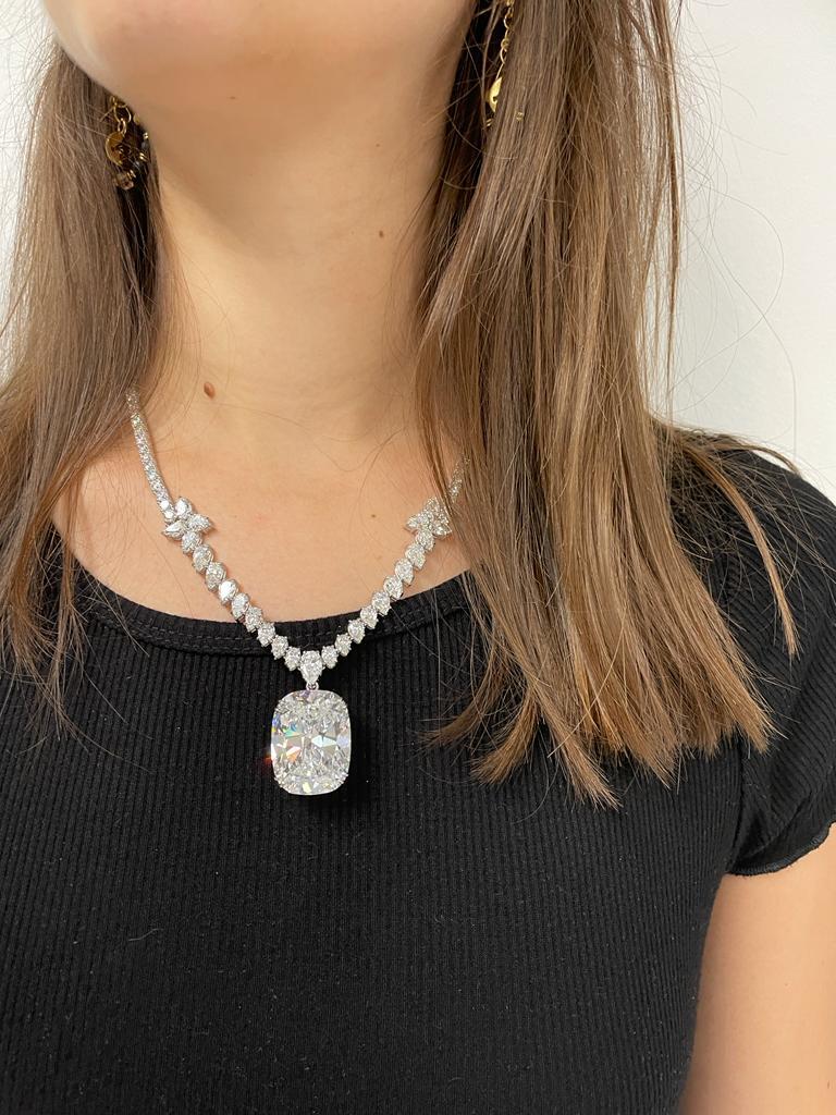 This is a rare, one-of-a-kind diamond necklace for that special person that is looking for a rare, spectacular, unique jewelry piece.

The center diamond is 50.06ct , Cushion, D color, VS1 clarity set in a platinum setting.

The platinum necklace is