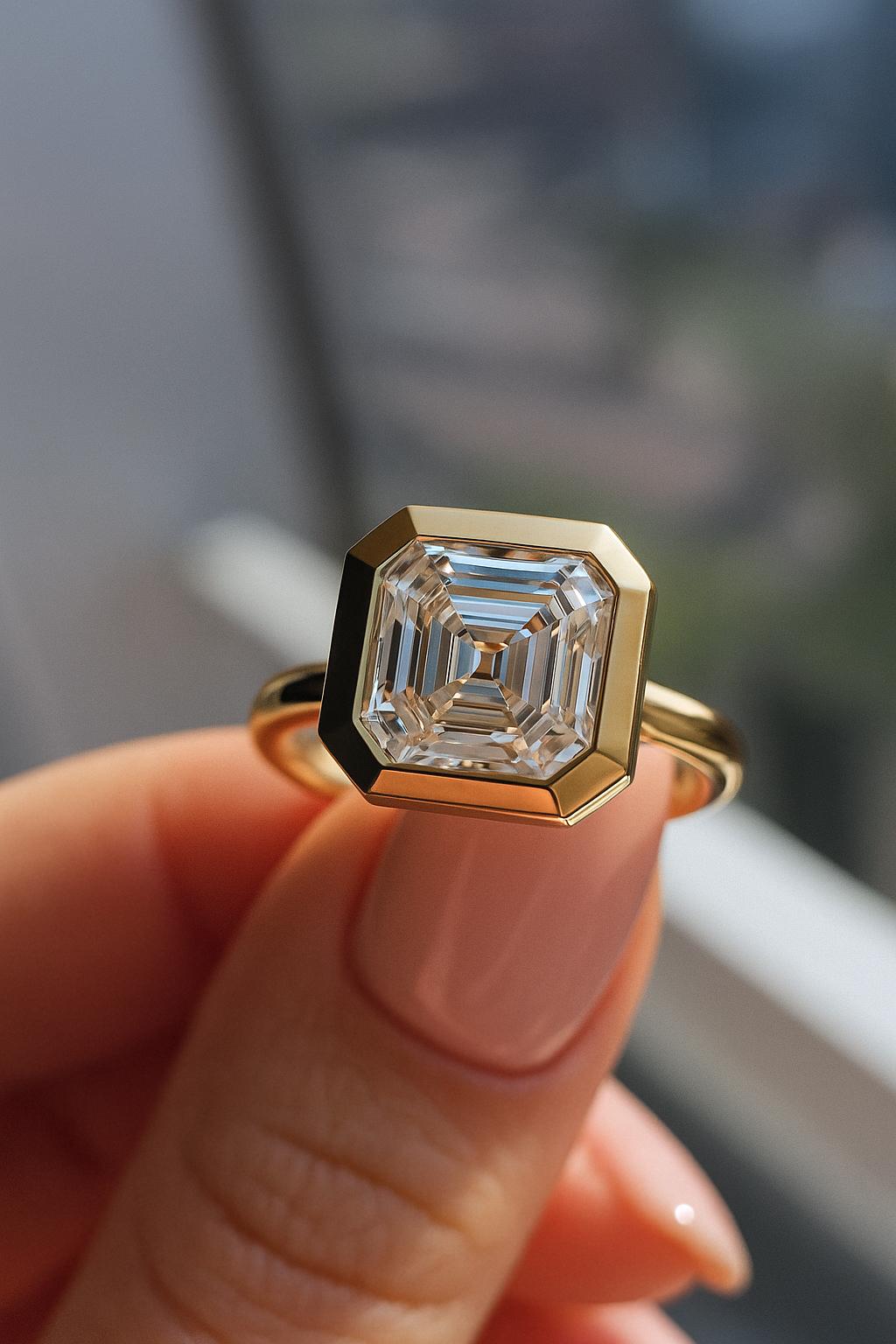 Timeless sophistication meets modern design in this striking engagement ring featuring a GIA-certified 5.01 carat Asscher cut diamond. The square emerald cut stone, with crisp step-cut facets, boasts a rare F color and exceptional VVS2 clarity,