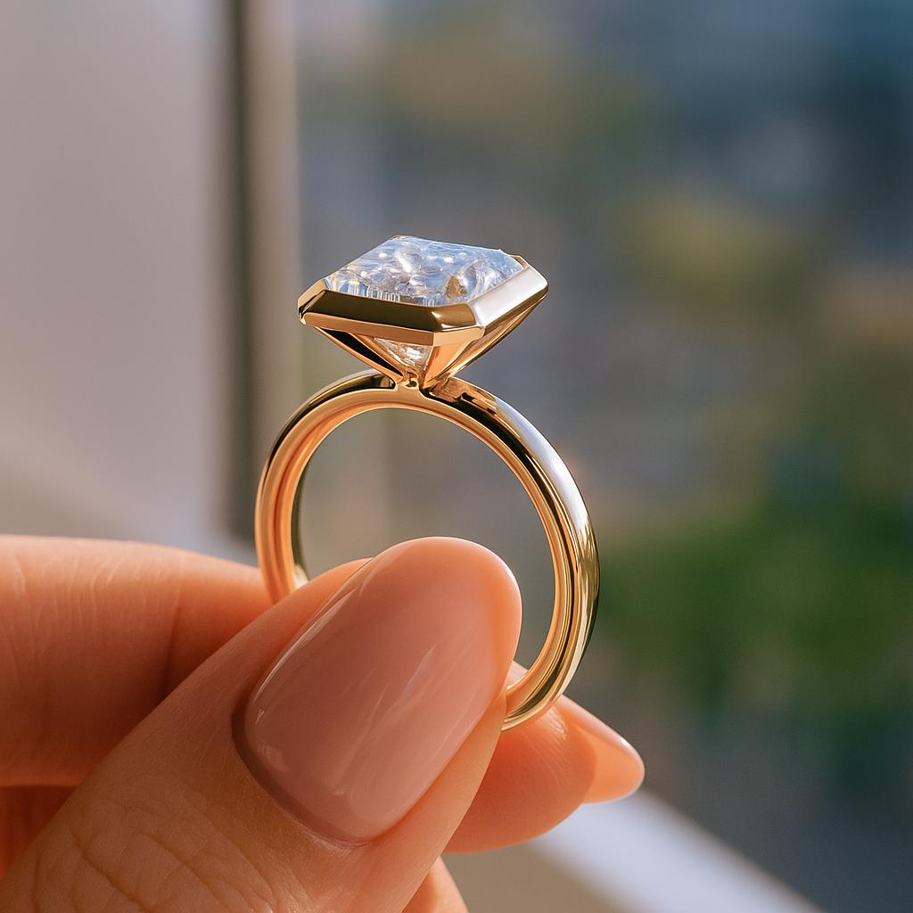 GIA Certified 5.01 Carat Asscher Cut Diamond Engagement Ring in 18K Yellow Gold In New Condition For Sale In Chicago, IL