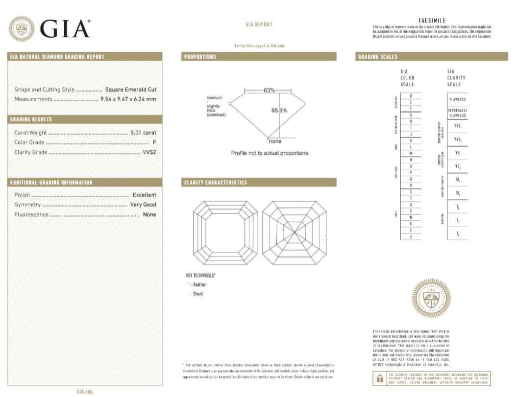 Women's or Men's GIA Certified 5.01 Carat Asscher Cut Diamond Engagement Ring in 18K Yellow Gold For Sale