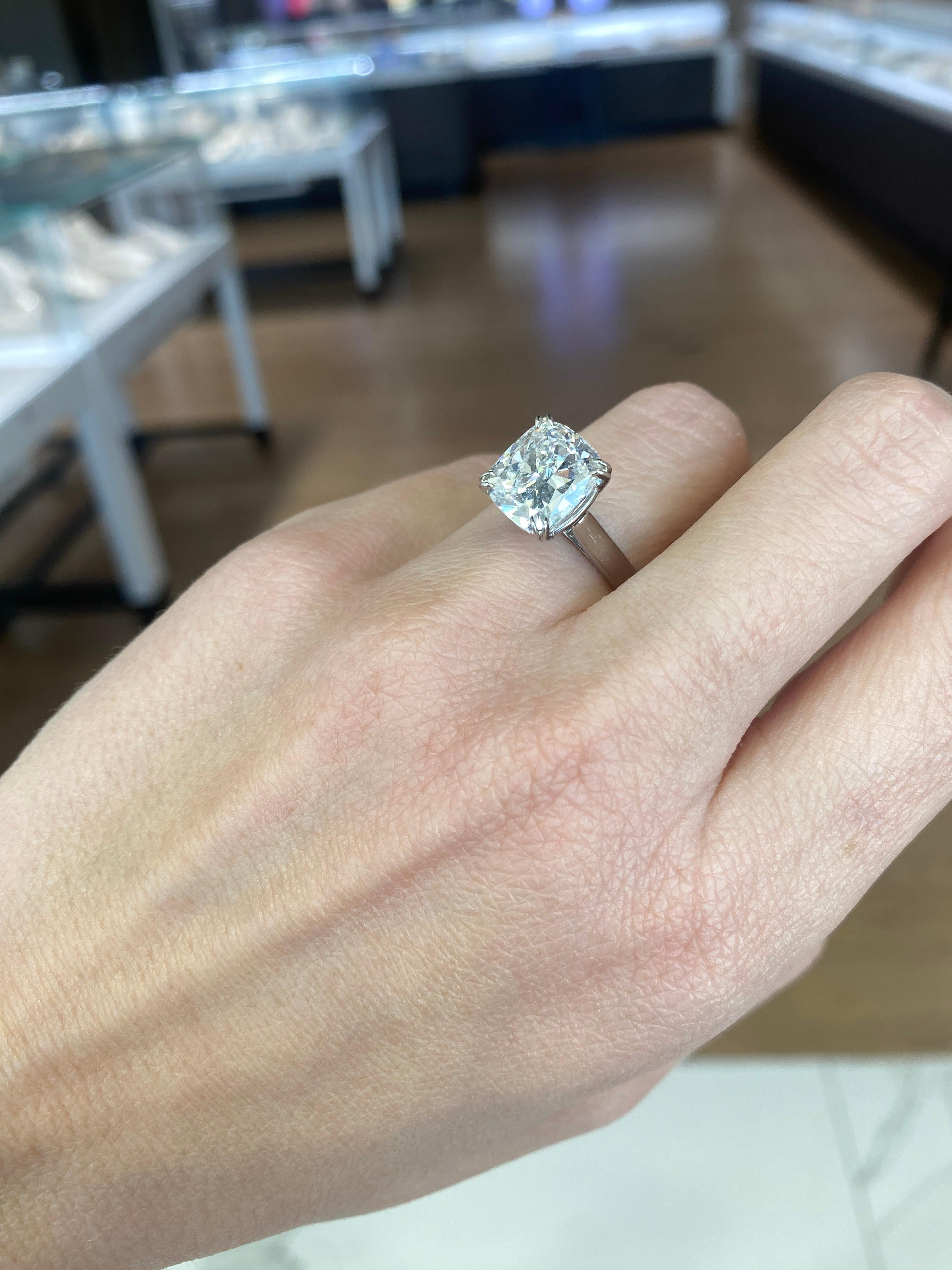 GIA Certified 5.01 Carat Cushion Cut Diamond Platinum Engagement Ring For Sale 6