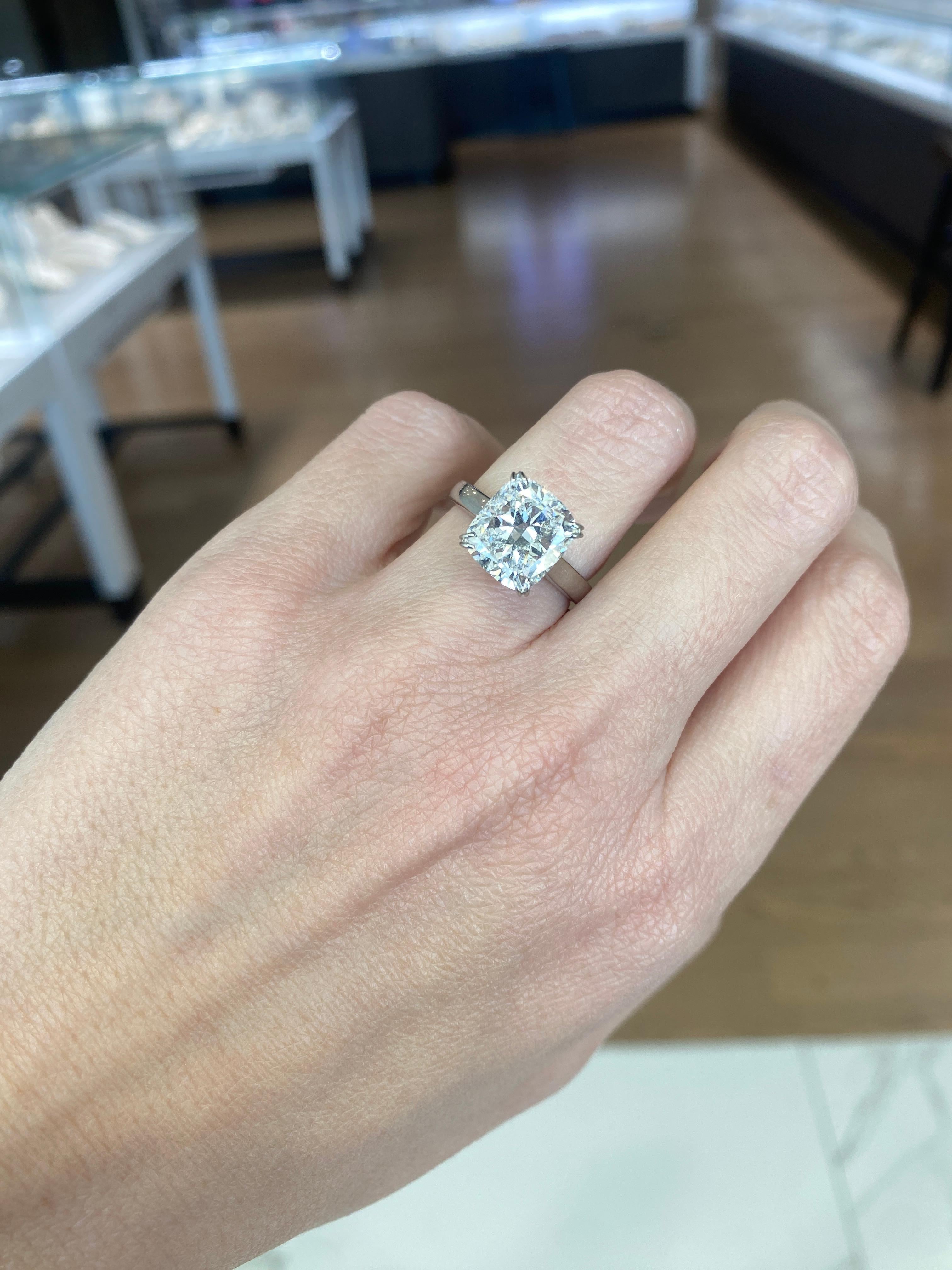 GIA Certified 5.01 Carat Cushion Cut Diamond Platinum Engagement Ring For Sale 7