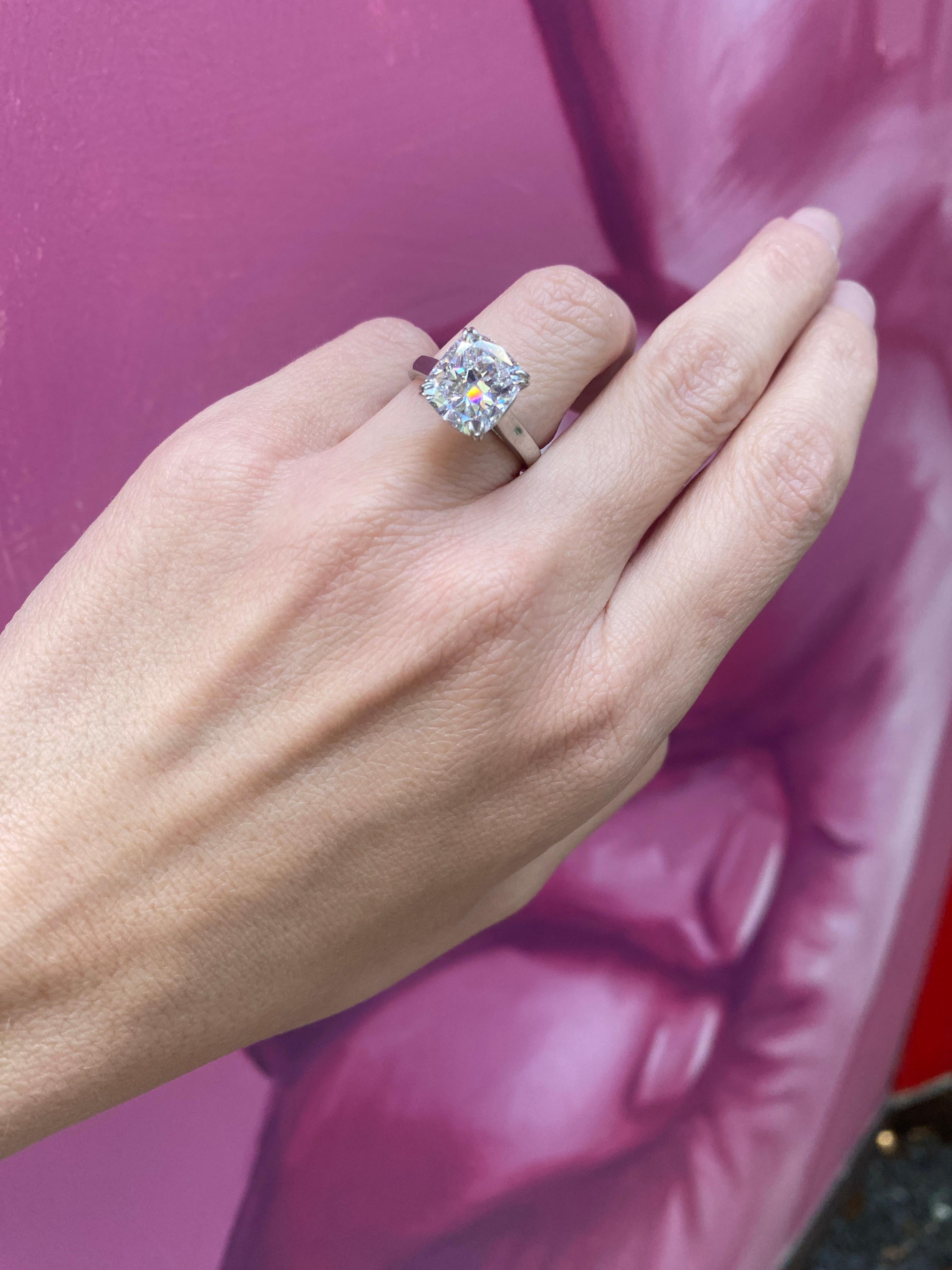 GIA Certified 5.01 Carat Cushion Cut Diamond Platinum Engagement Ring For Sale 8