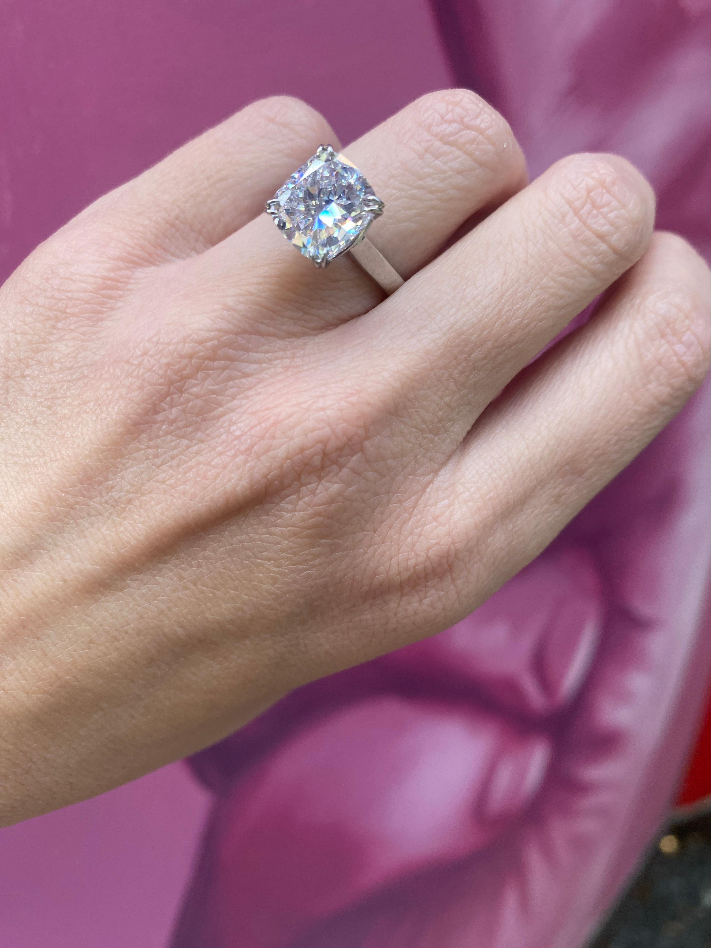 GIA Certified 5.01 Carat Cushion Cut Diamond Platinum Engagement Ring For Sale 10