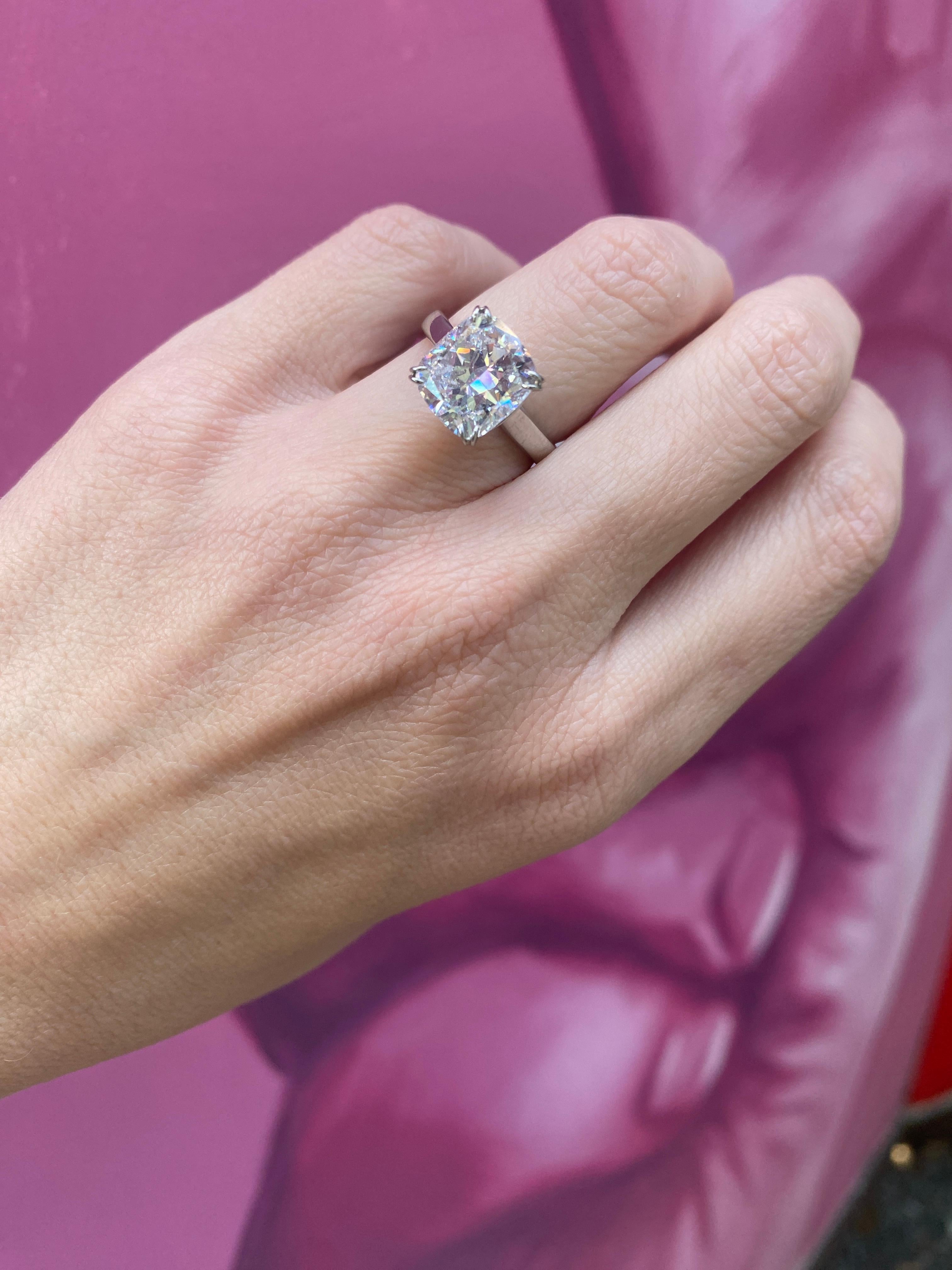 GIA Certified 5.01 Carat Cushion Cut Diamond Platinum Engagement Ring For Sale 11