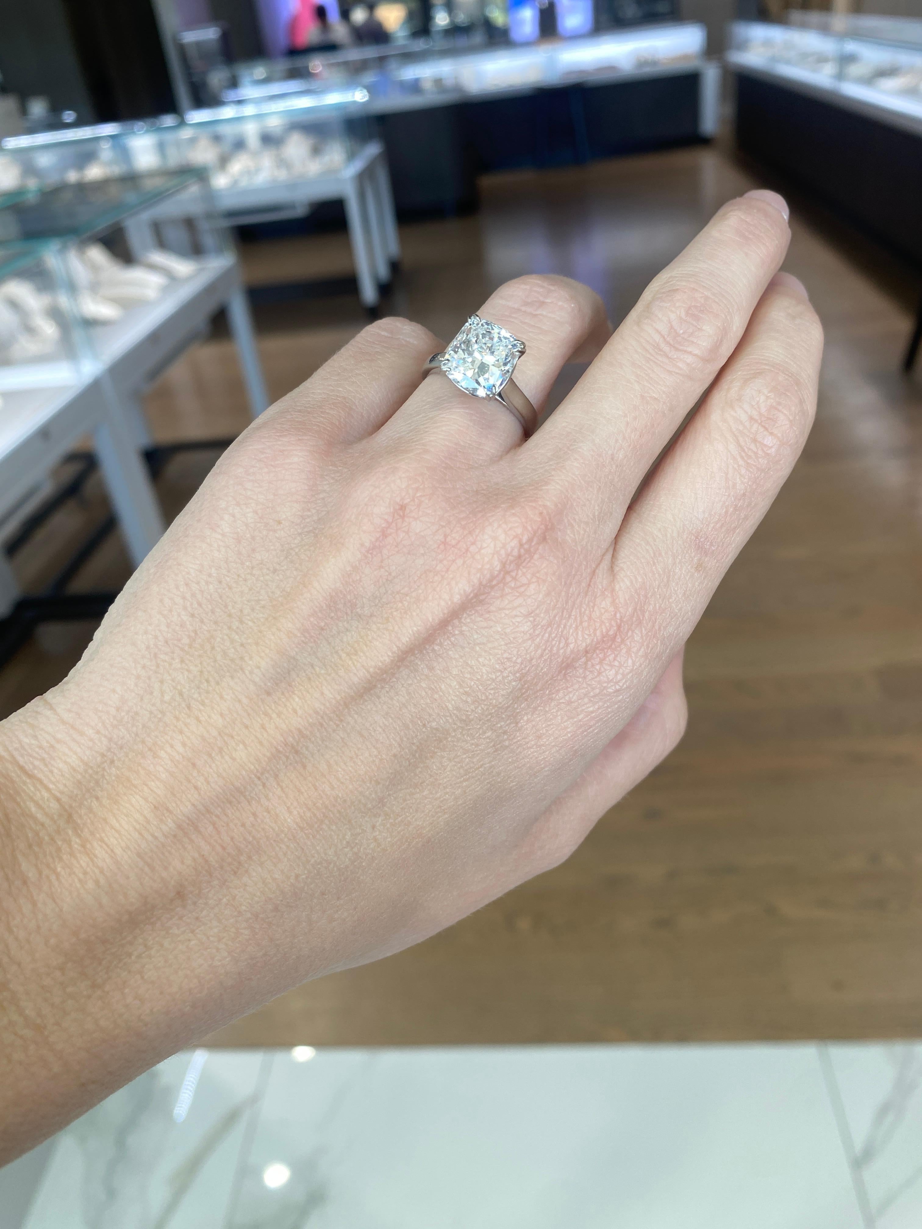 GIA Certified 5.01 Carat Cushion Cut Diamond Platinum Engagement Ring For Sale 4