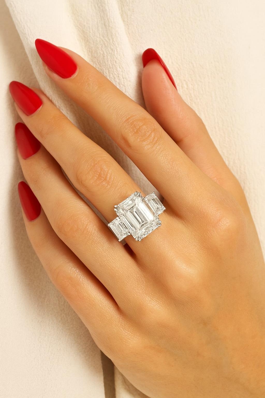 GIA Certified 5.01 Carat Emerald Cut Diamond and Emerald Cut Side Stones Platinum Ring

This sophisticated ring features a striking GIA Certified 5.01 carat emerald cut diamond, graded I color and VS1 clarity. With excellent polish and symmetry, and