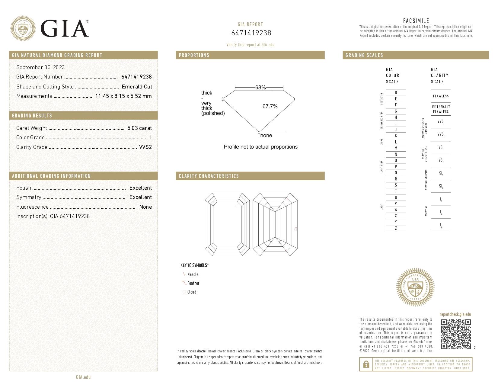 Bague certifiée GIA de 5,01 carats avec diamant taille émeraude et baguette effilée Sto Neuf - En vente à Chicago, IL