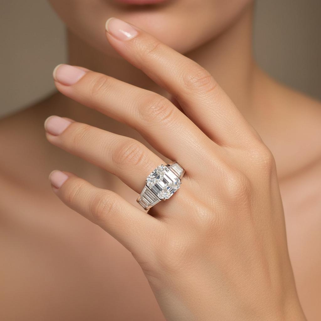 Anello con diamante taglio smeraldo certificato GIA da 5,01 carati con baguette affusolate In condizioni Nuovo in vendita a Chicago, IL