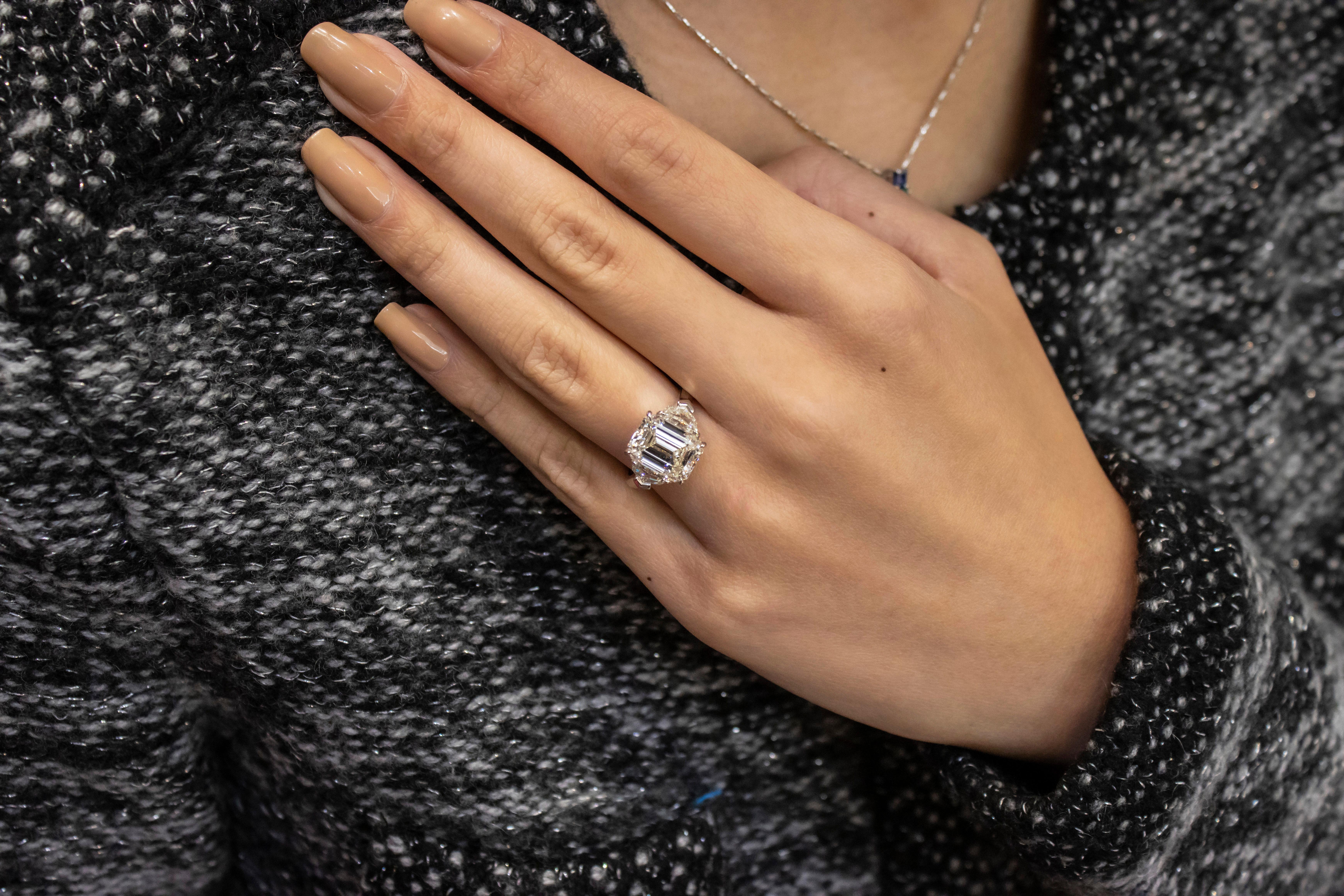 Women's GIA Certified 5.01 Carat Emerald Cut Diamond Three-Stone Engagement Ring