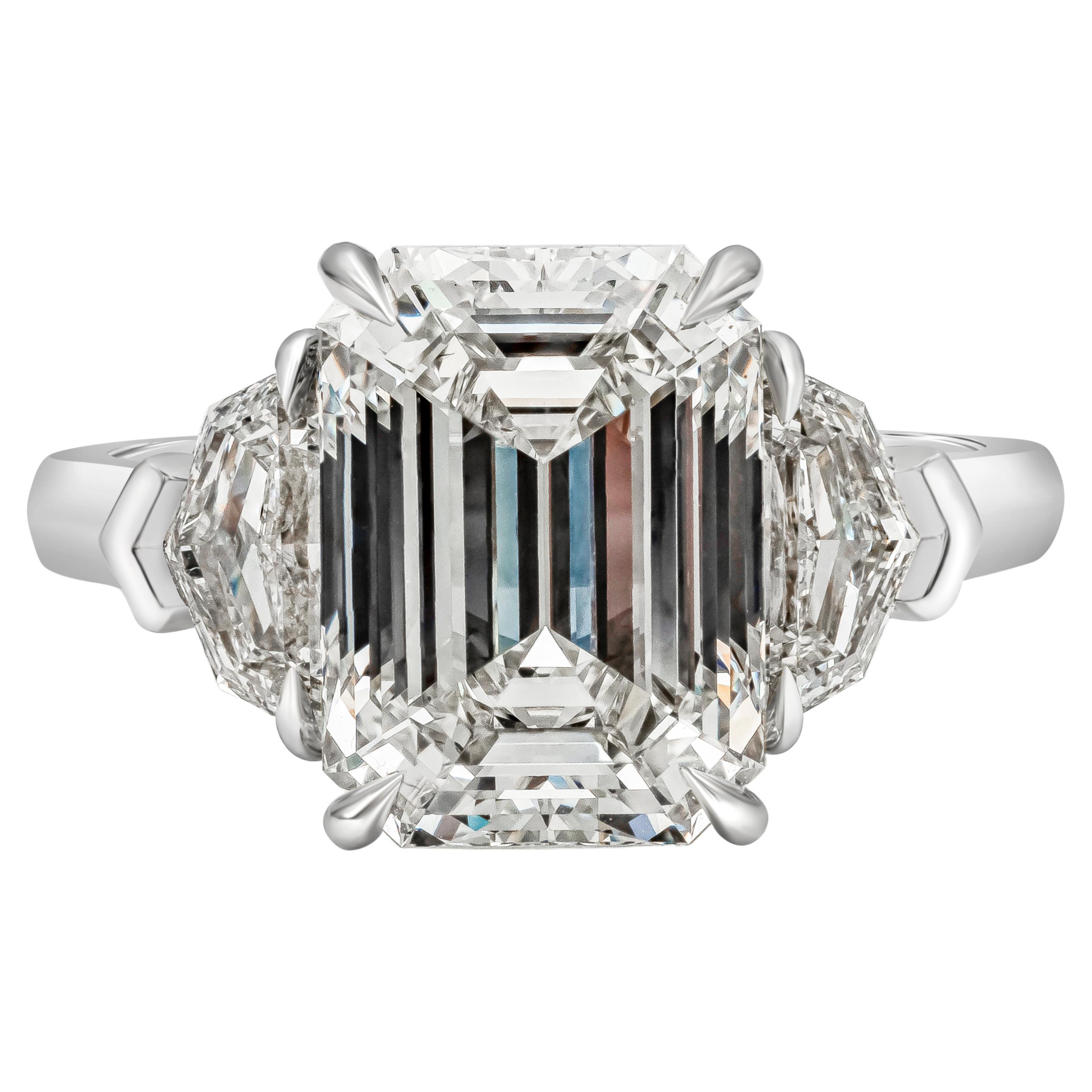 GIA Certified 5.01 Carat Emerald Cut Diamond Three-Stone Engagement Ring