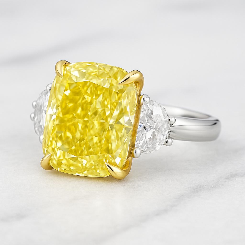 Contemporary GIA Certified 5.01 Carat Fancy Yellow Cushion Diamond Ring in Platinum For Sale