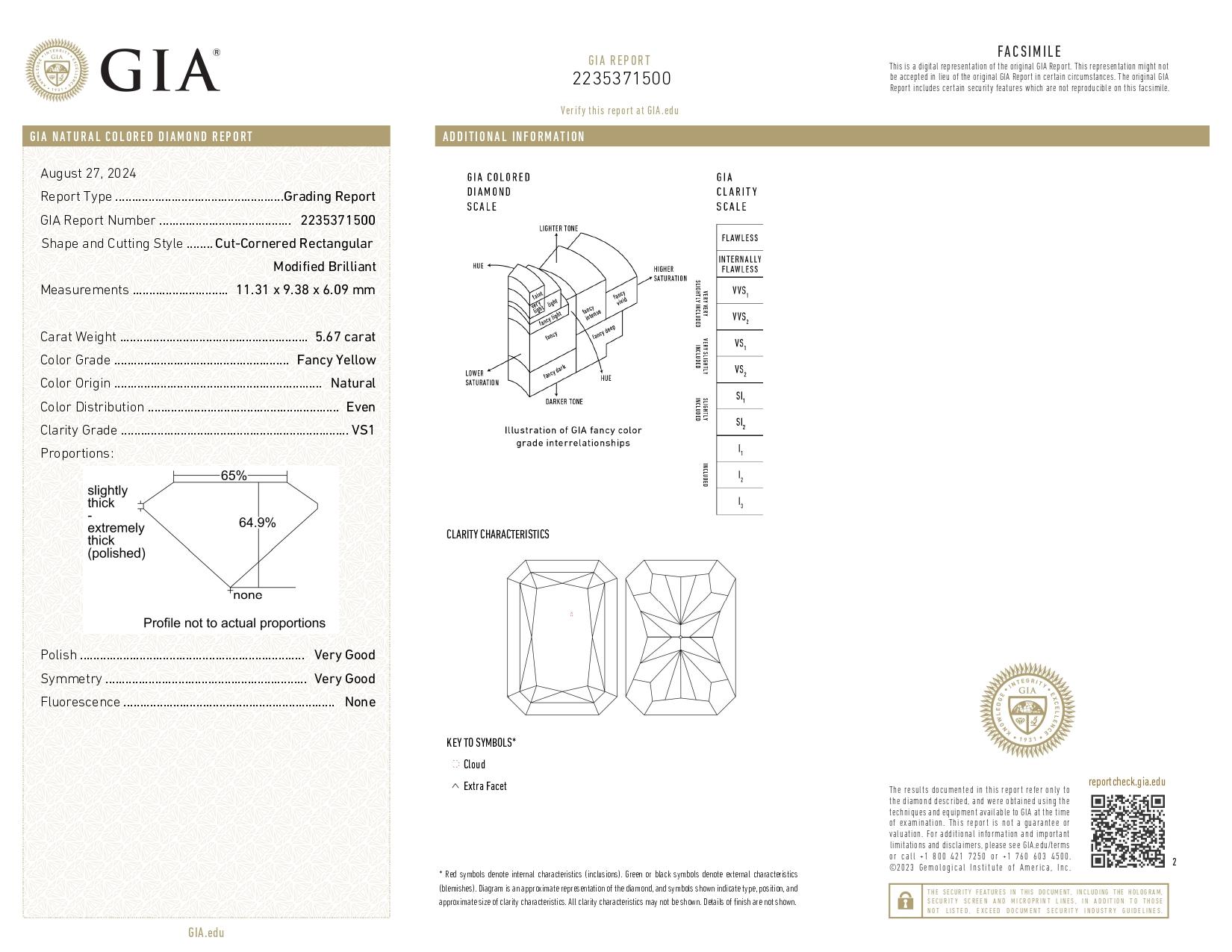 Women's or Men's GIA Certified 5.67 Carat Fancy Yellow Radiant Cut Diamond Ring in 18K Gold For Sale