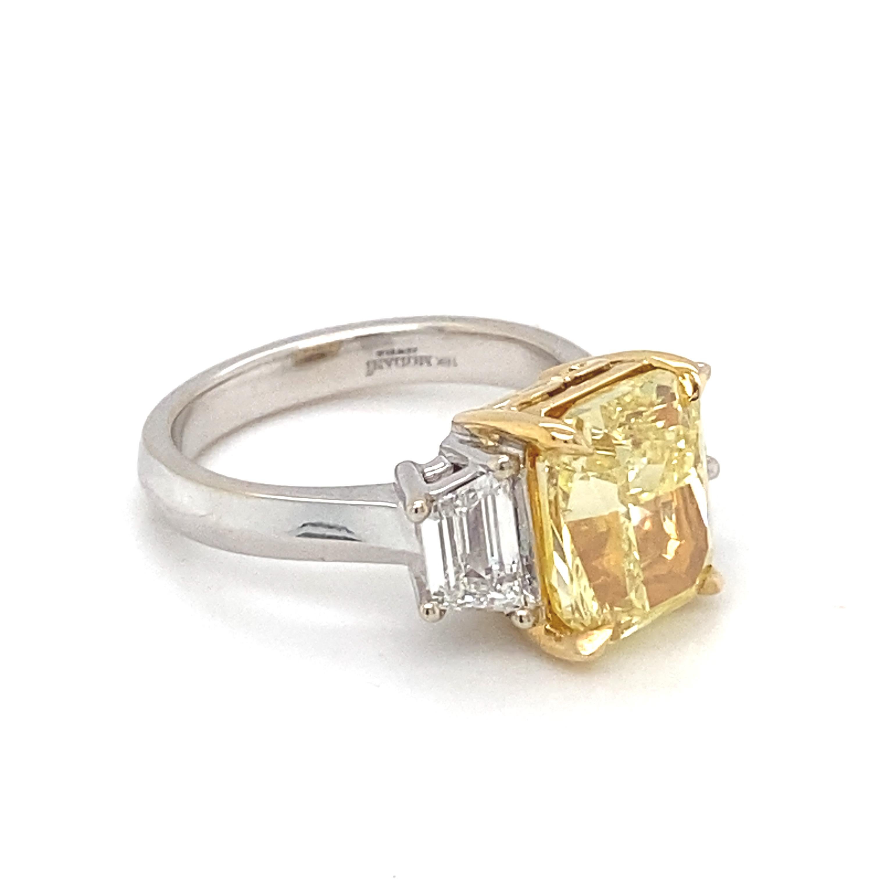 Artisan GIA Certified 5.01 Carat Intense Fancy Yellow SI2 Cushion Diamond Ring For Sale