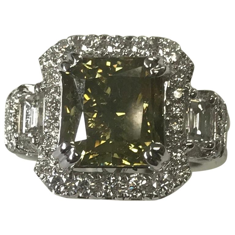 GIA Certified 5.01 Carat Natural Fancy Dark Yellow Cushion Diamond Ring 18K Gold