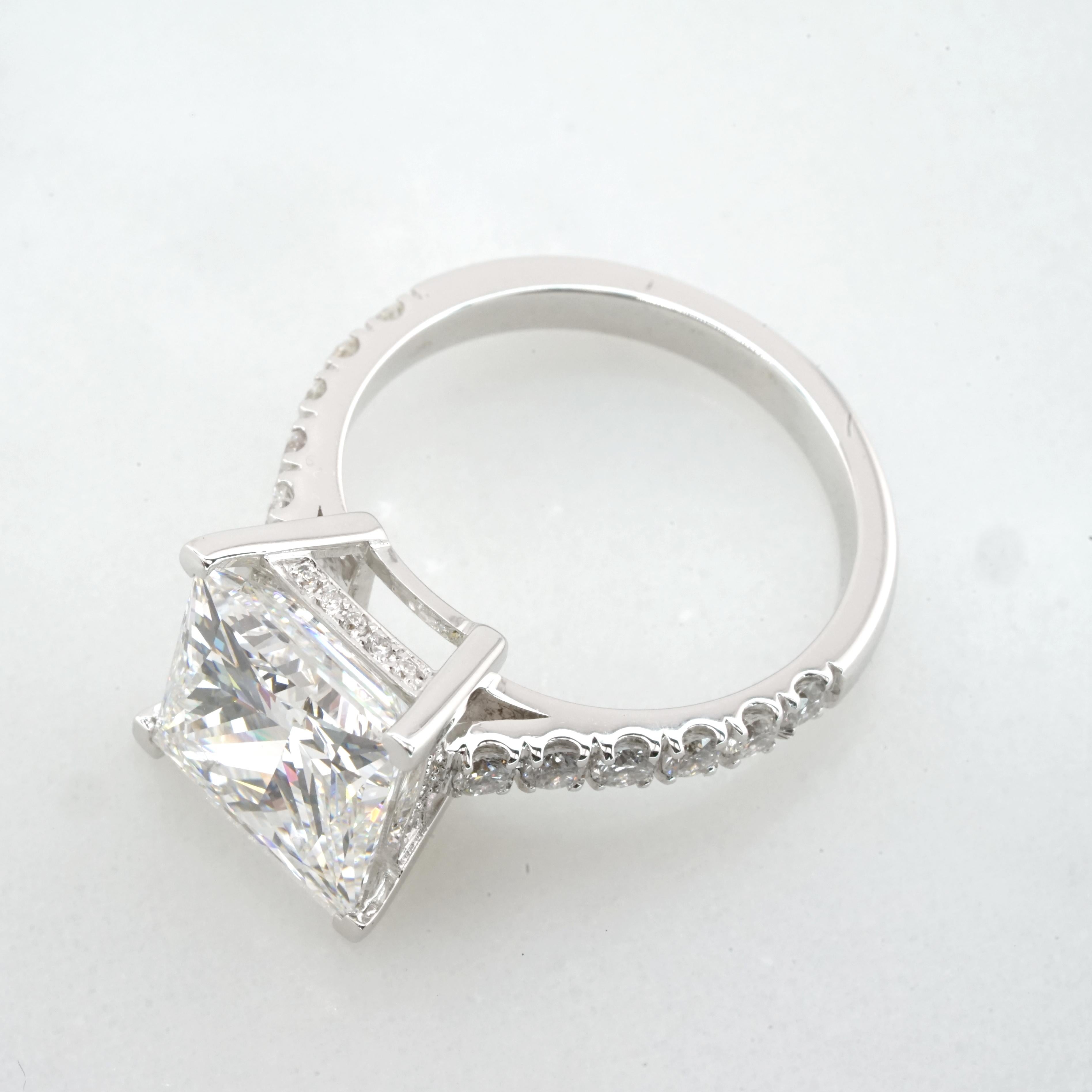 GIA Certified 5.01 Carat Princess Cut Diamond with pavé Ring in 18K white Gold For Sale 1