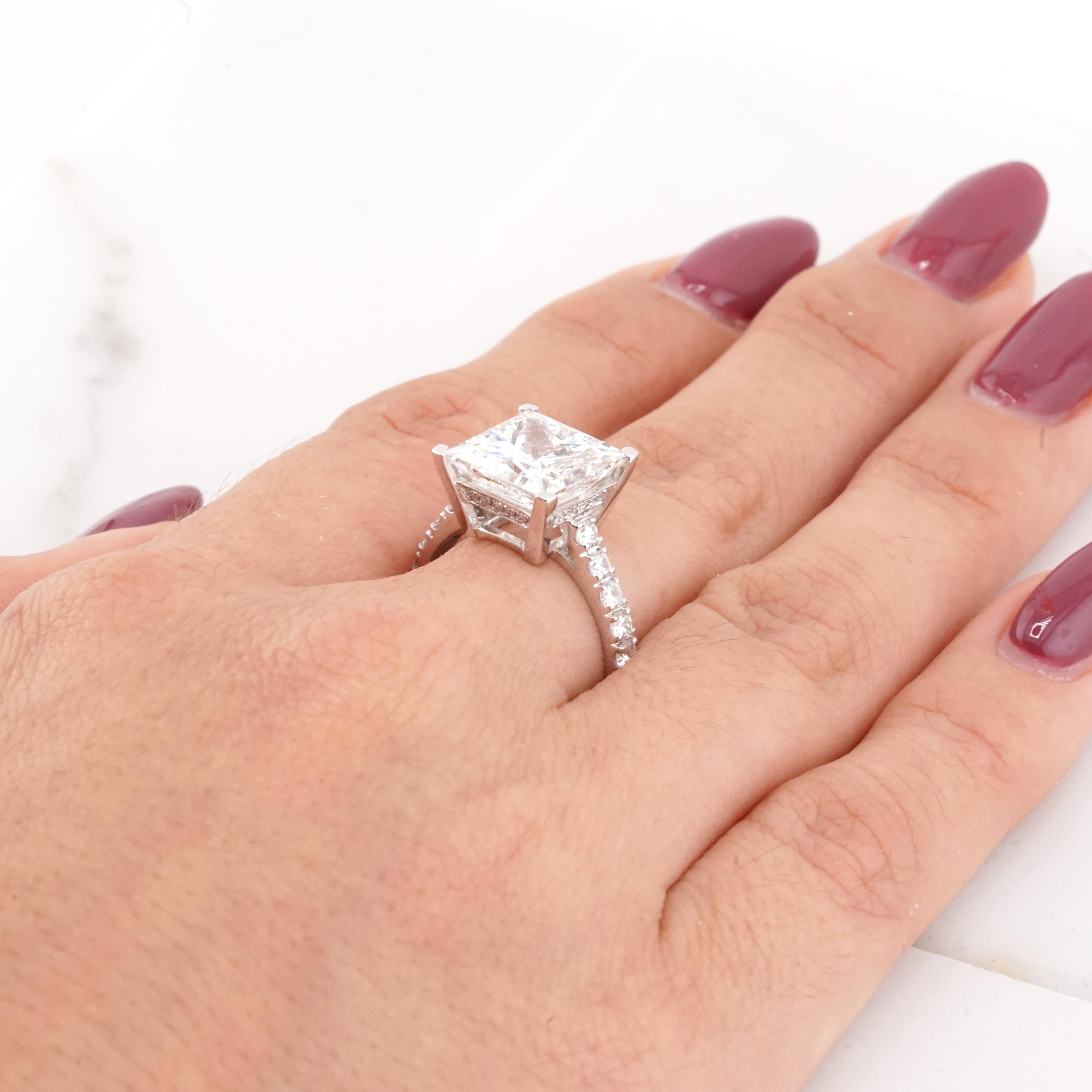 GIA Certified 5.01 Carat Princess Cut Diamond with pavé Ring in 18K white Gold For Sale 3
