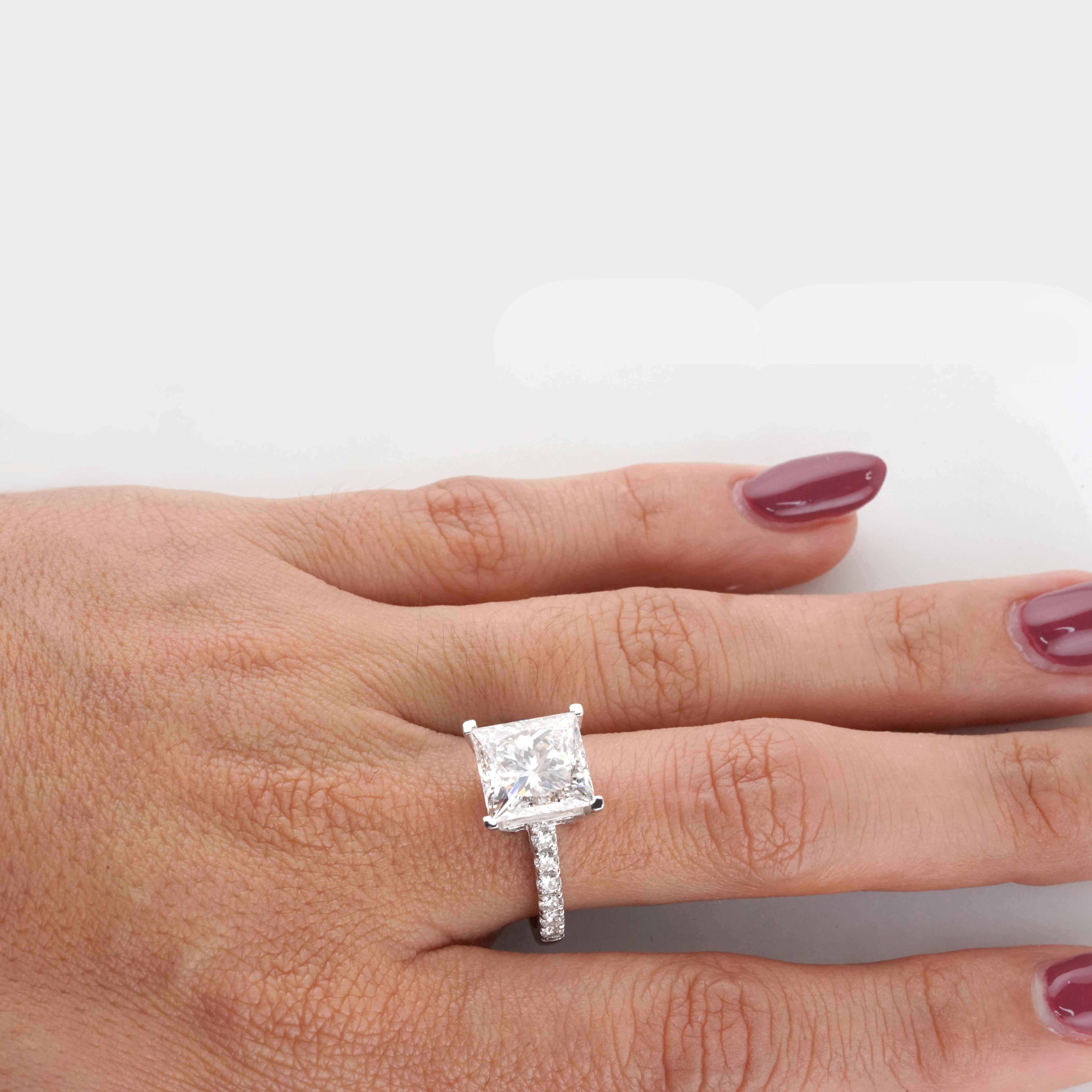 GIA Certified 5.01 Carat Princess Cut Diamond with pavé Ring in 18K white Gold For Sale 4