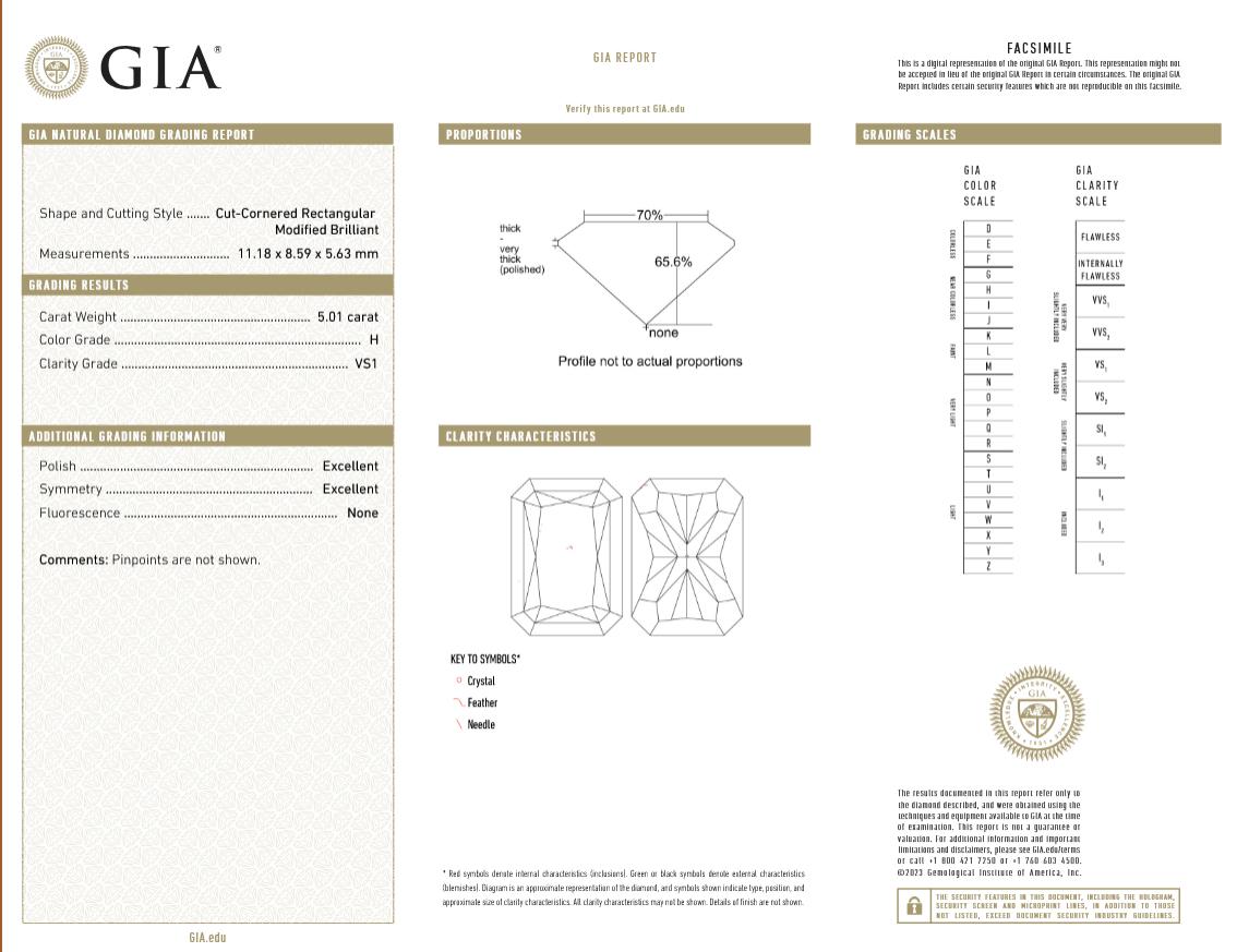 GIA-zertifizierter 5,01 Karat Diamantring im Radiant-Schliff mit Cadillac-Seitendiamanten im Zustand „Neu“ im Angebot in Chicago, IL