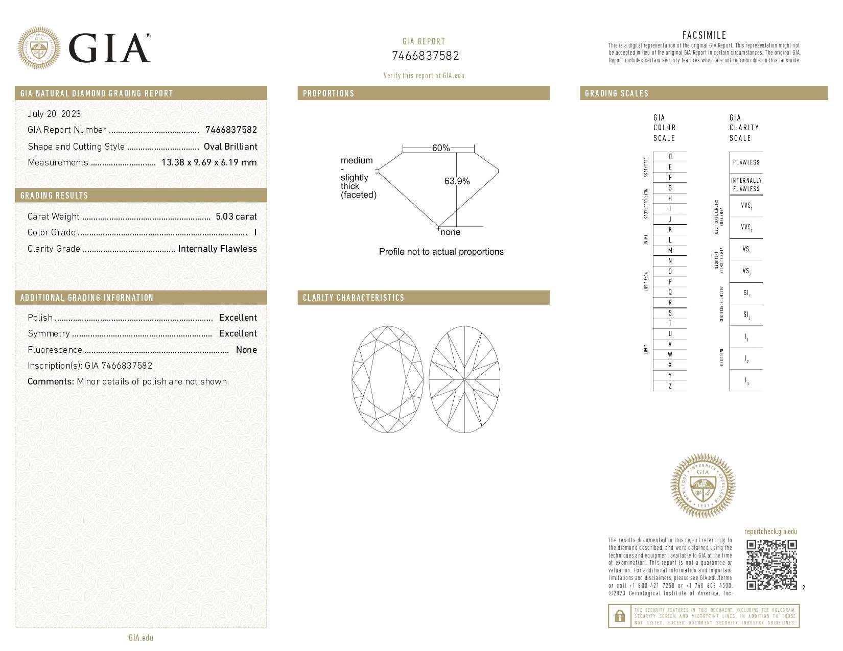 Women's GIA Certified 5.03 Ct Oval Cut Diamond with Half Moon Diamonds in 18K White Gold For Sale