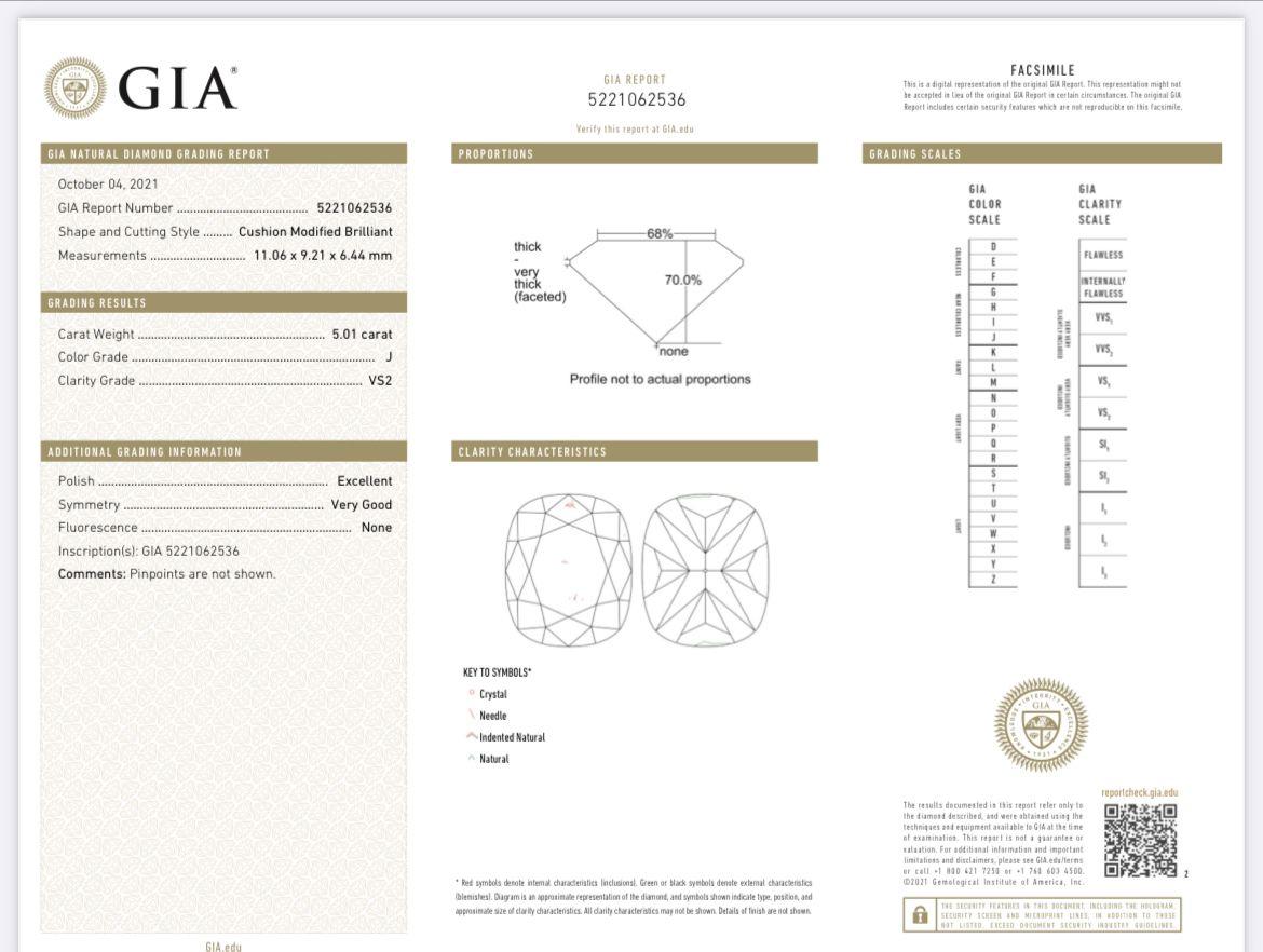Bague de fiançailles en or blanc certifiée GIA, avec diamant naturel taille coussin de 5,01 carats en vente 4