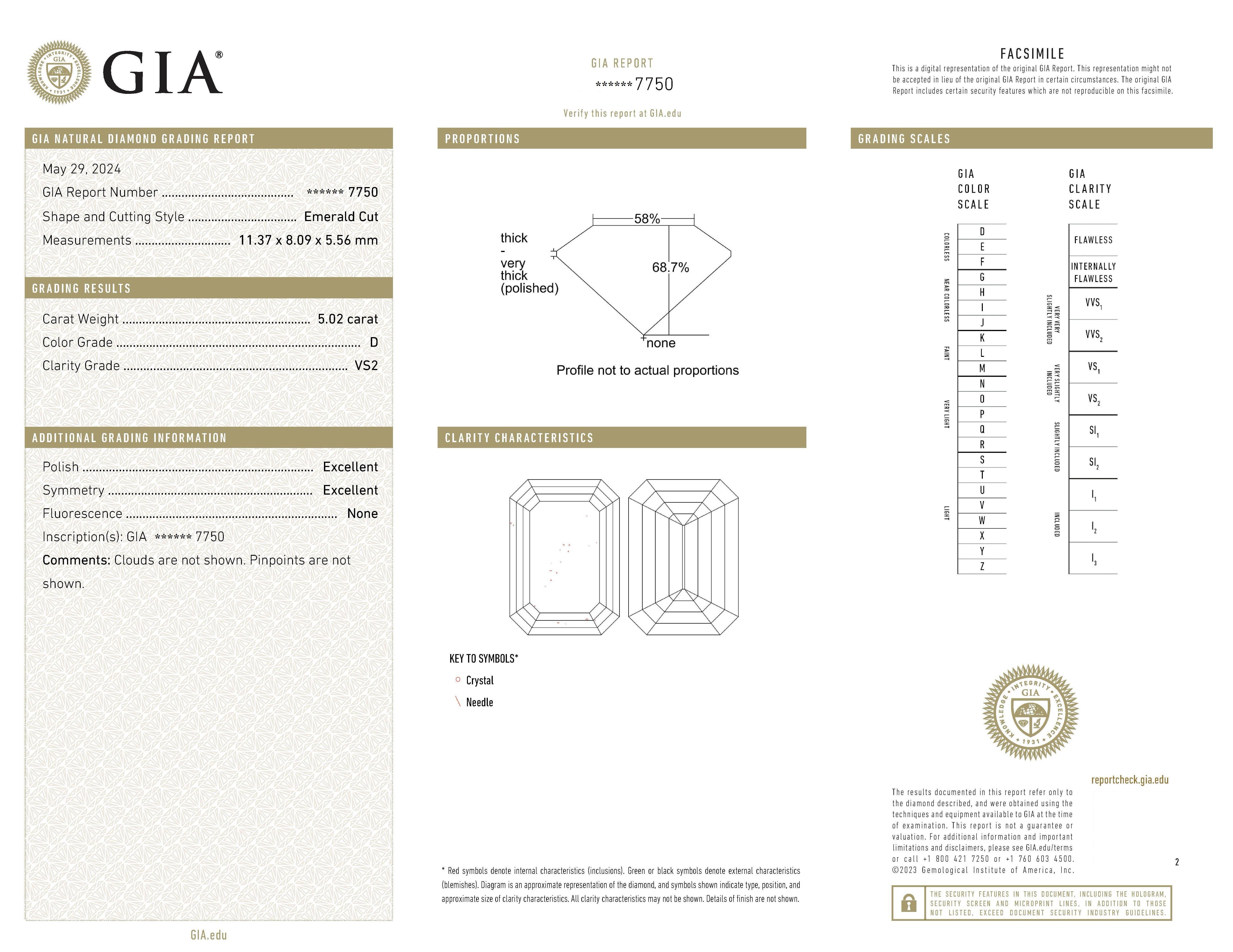 Entdecken Sie den GIA-zertifizierten 5,02-Karat-Diamantring im Smaragdschliff, ein atemberaubendes Meisterwerk von außergewöhnlicher Brillanz und zeitloser Eleganz. Dieser Ring mit einem atemberaubenden 5,02-Karat-Diamanten im Smaragdschliff ist ein