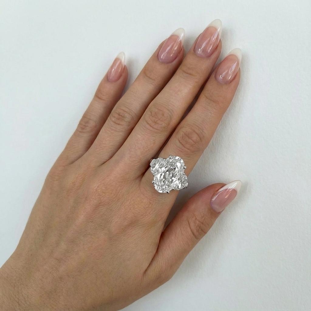 Im Mittelpunkt dieses eleganten Dreisteinrings steht ein hervorragender, GIA-zertifizierter ovaler Brillantdiamant von 5,02 Karat, der in der Farbe F und der Reinheit VS1 eingestuft ist und eine außergewöhnliche Helligkeit und Präsenz bietet.
Mit