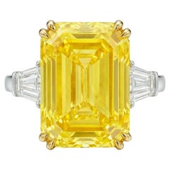 GIA Certified 5.02 Carat Fancy Intense Yellow Step-Cut Diamond Baguette Ring