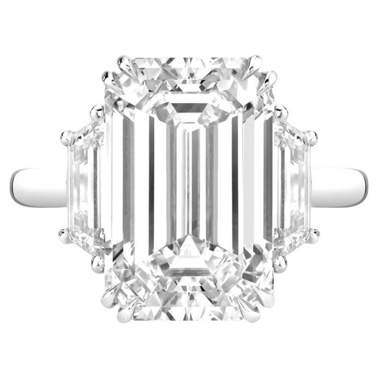 Contemporary GIA Certified 5.02 Carat G VS2 Emerald Cut Diamond Platinum Ring with Trapezoid For Sale